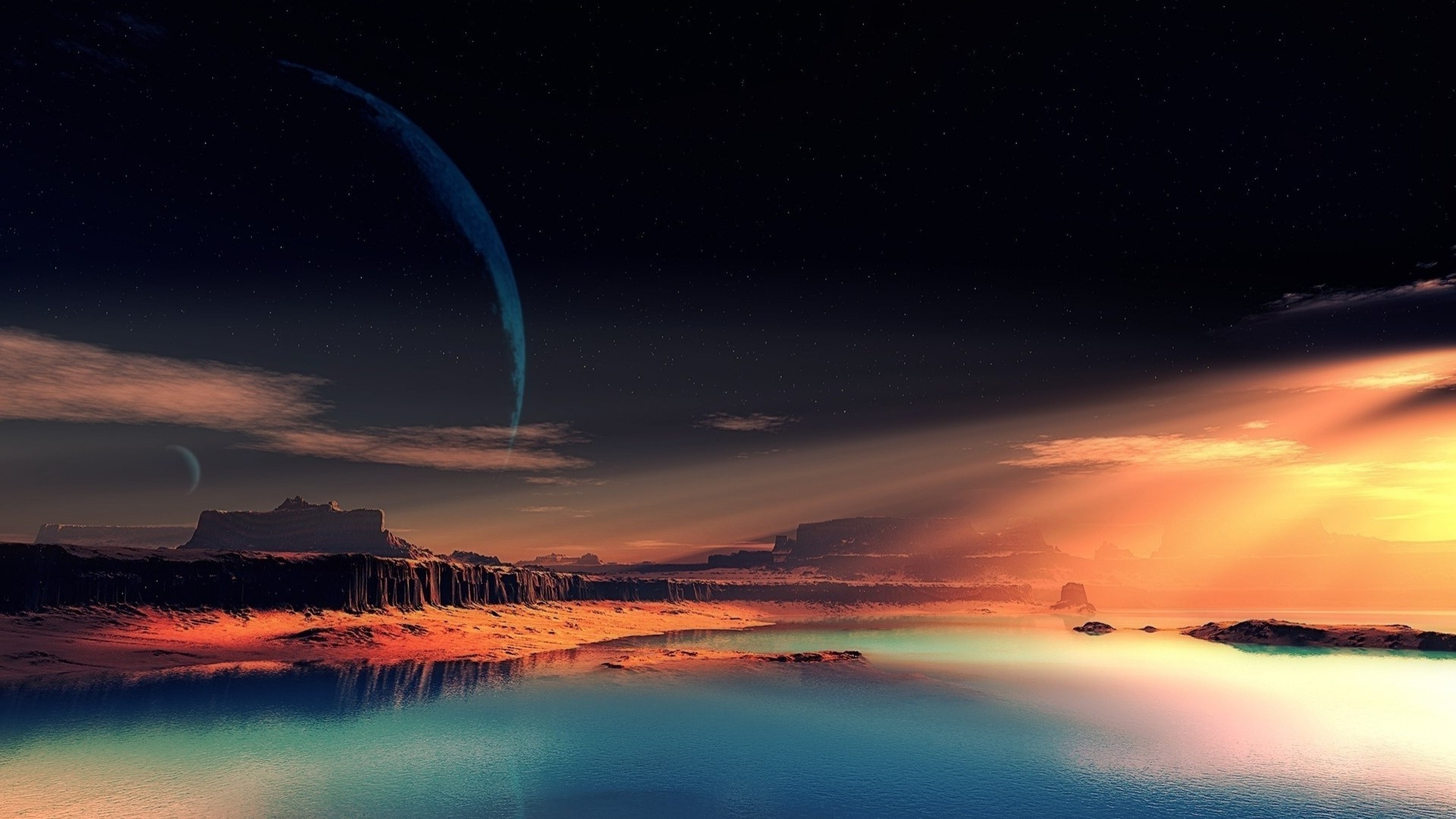 Alien planet landscape with rings and moons HD Wallpaper