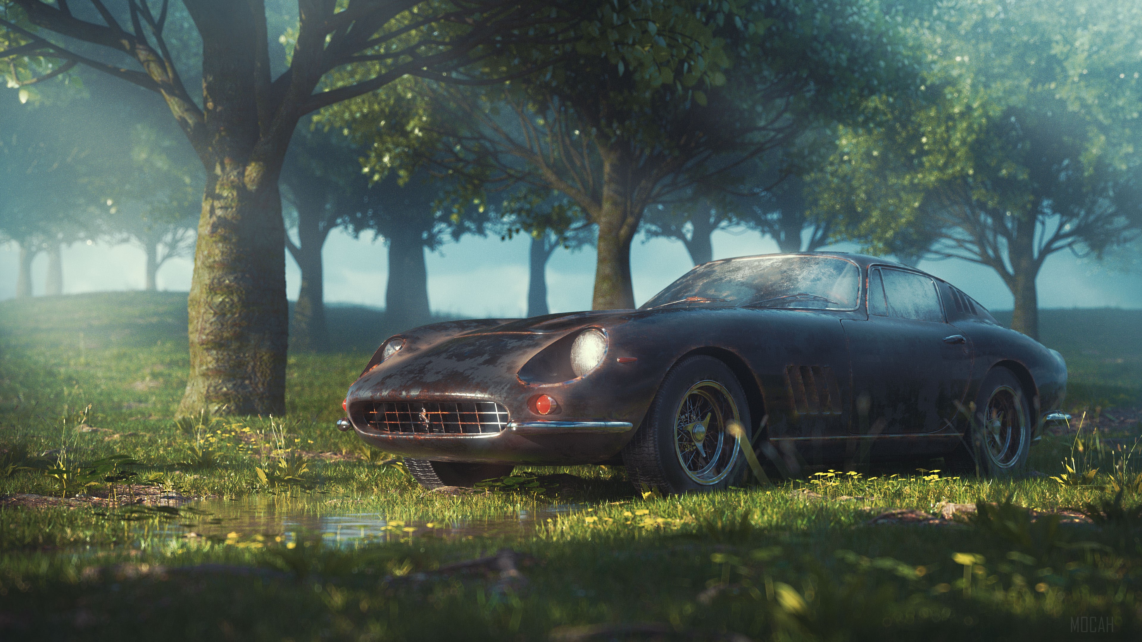 Vintage Ferrari in a Forest 4K HD Wallpaper