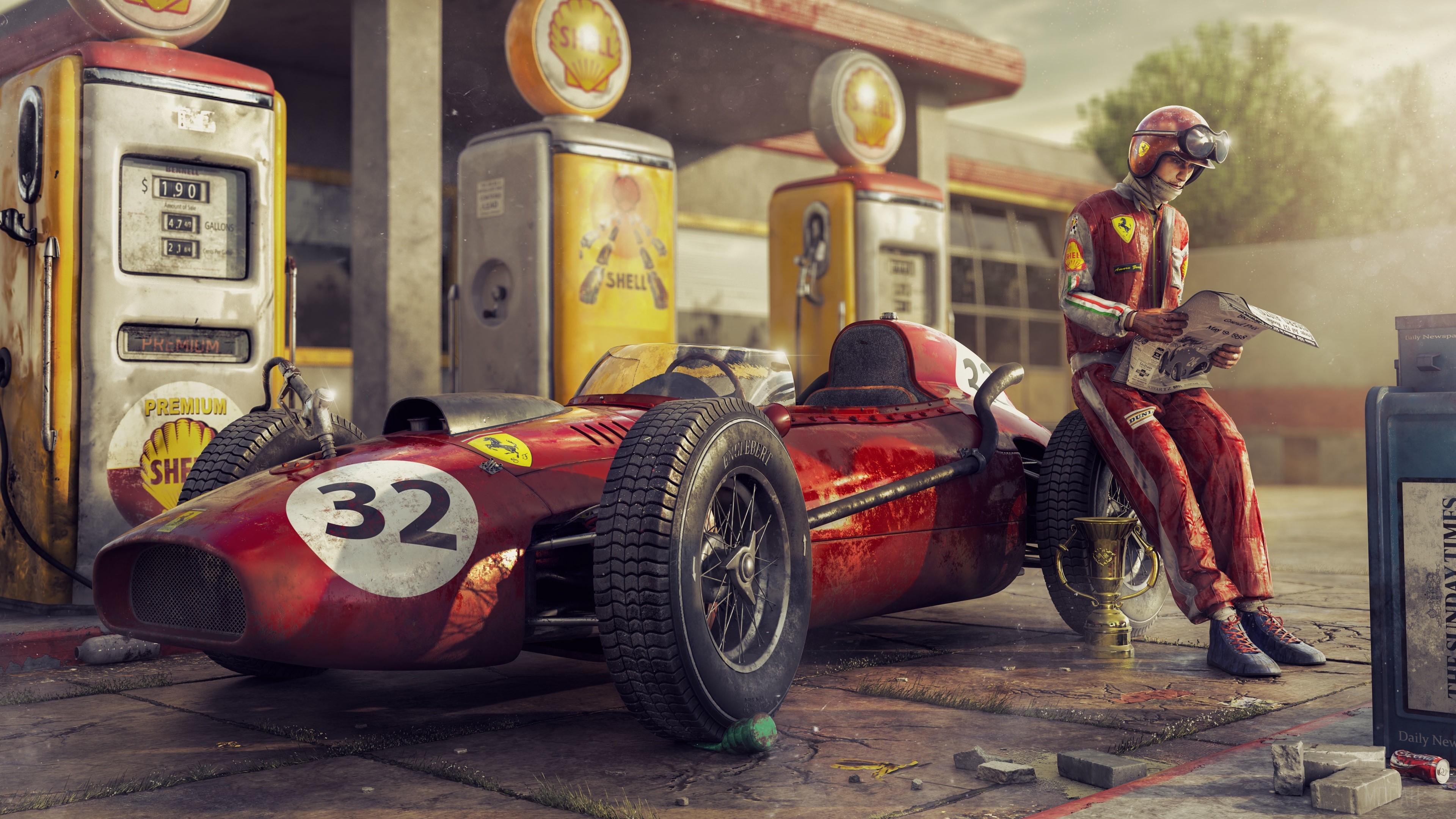 Ferrari 32 Race Car at Shell Gas Station HD Wallpaper