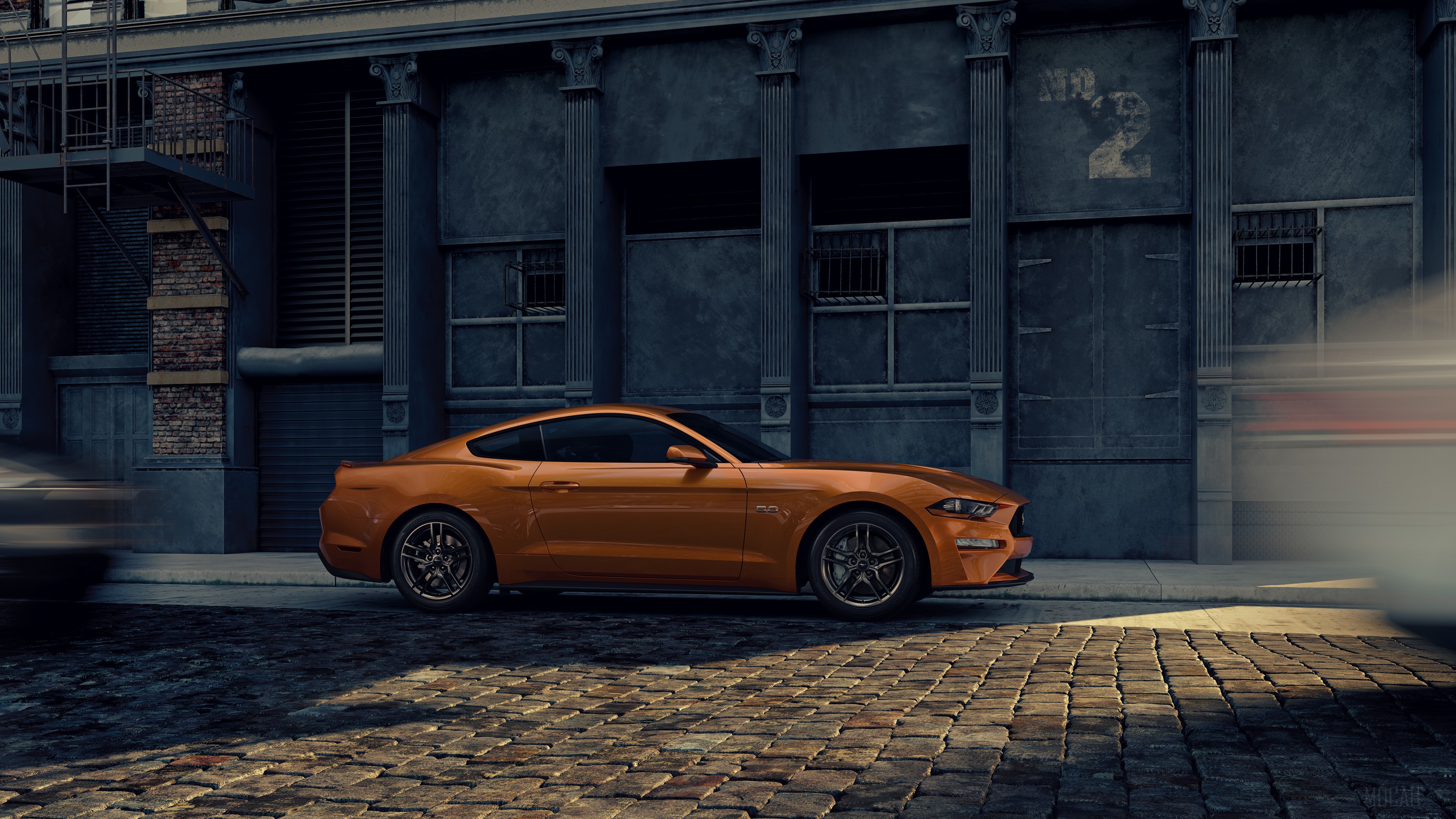 Orange Ford Mustang on a Cobblestone Street 4K HD Wallpaper