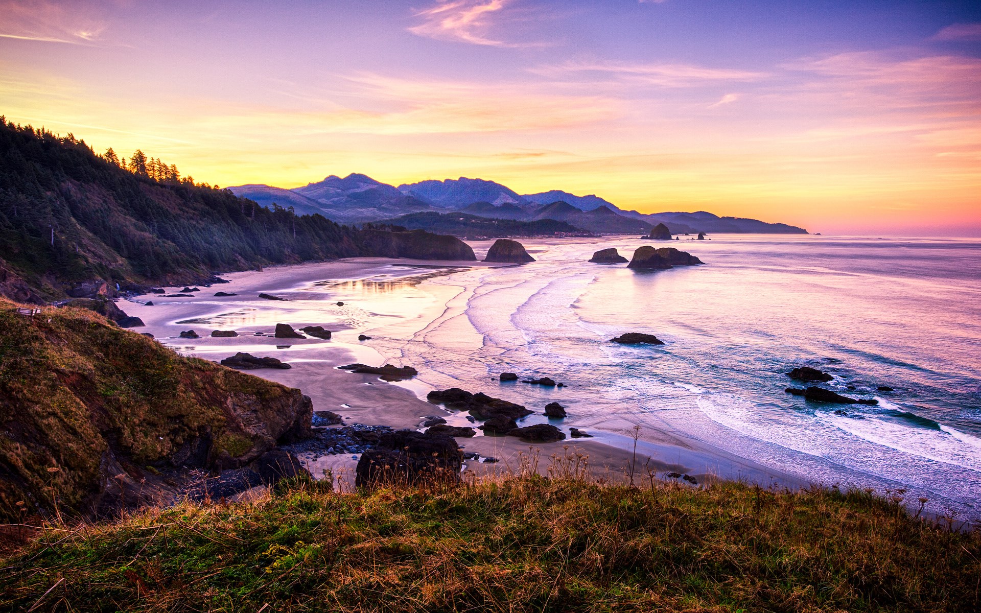 Oregon Coastline at Sunset with Haystack Rock HD Wallpaper