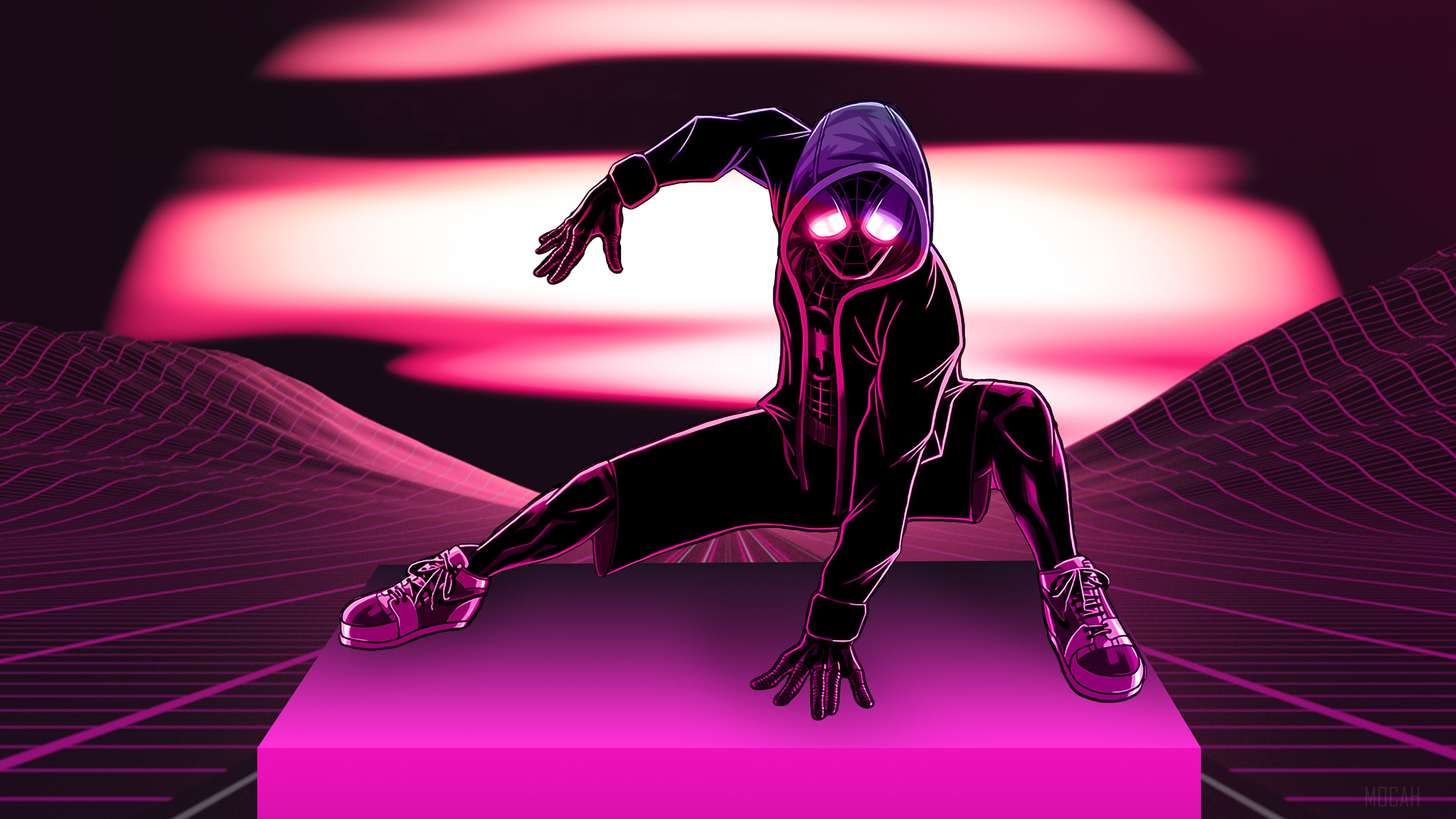 Miles Morales from Spider-Man in Neon Landscape 4K HD Wallpaper