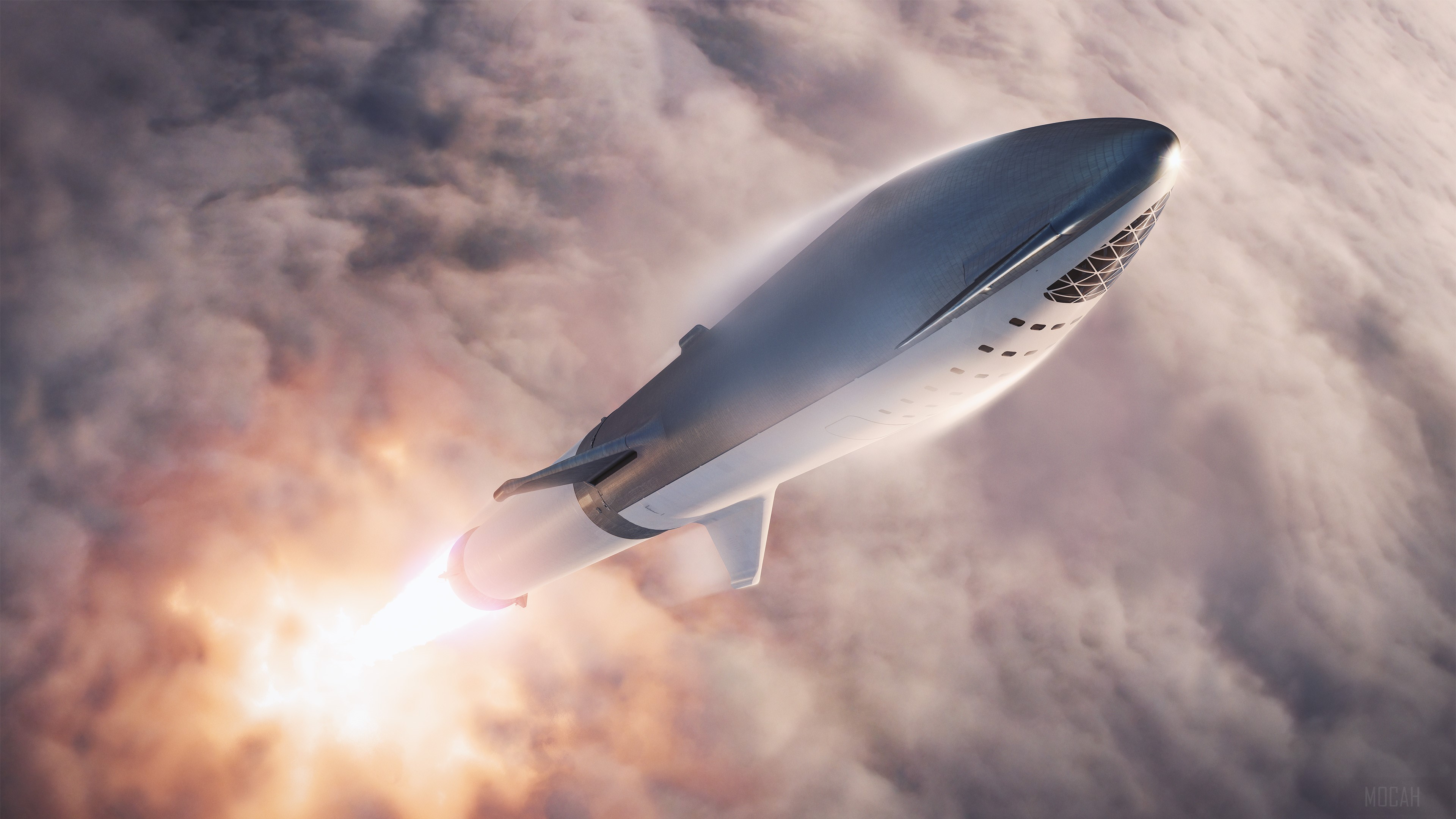 SpaceX Starship rocket ascending through clouds HD Wallpaper