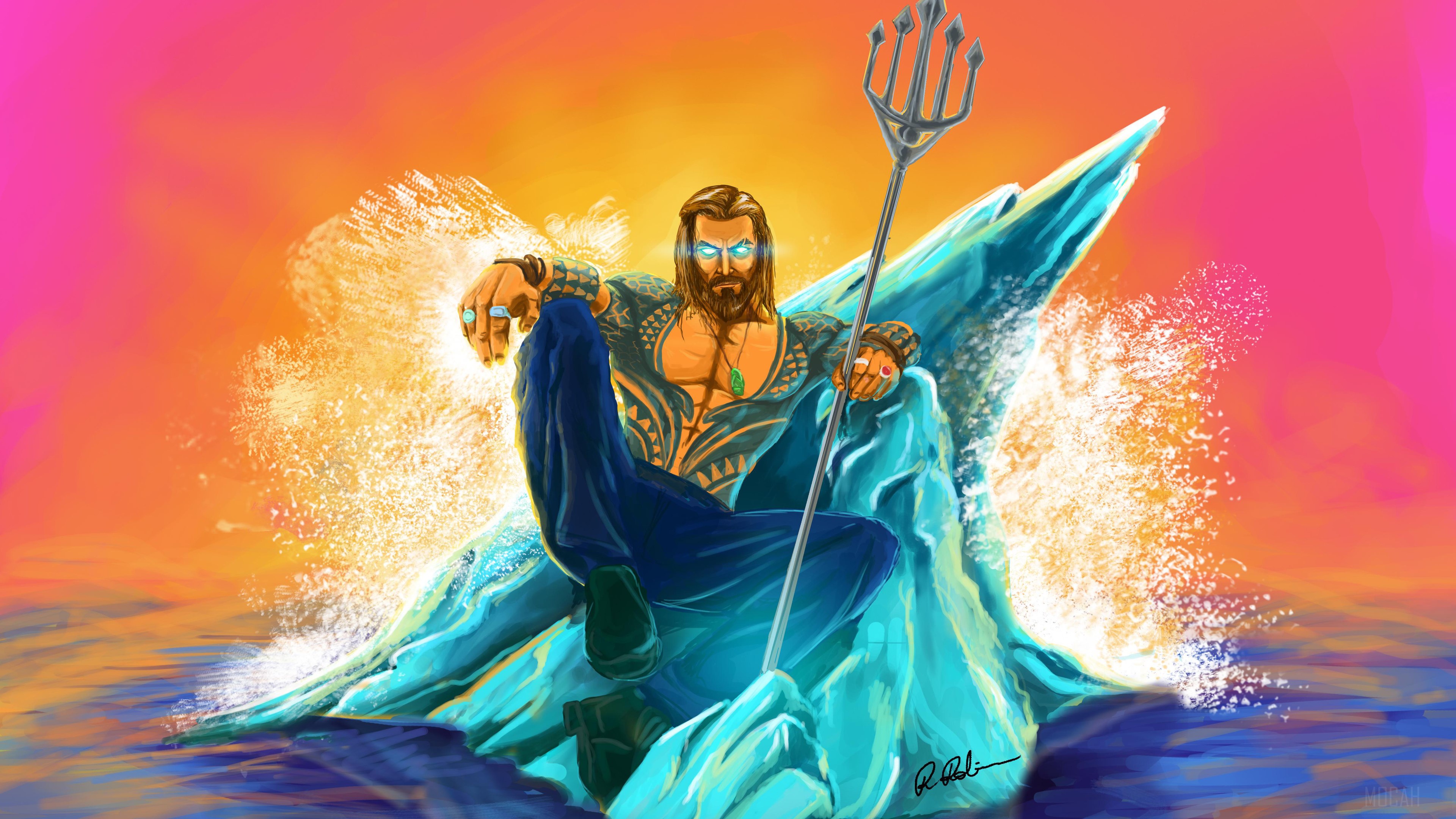 Aquaman sitting on an ice throne with a trident HD Wallpaper