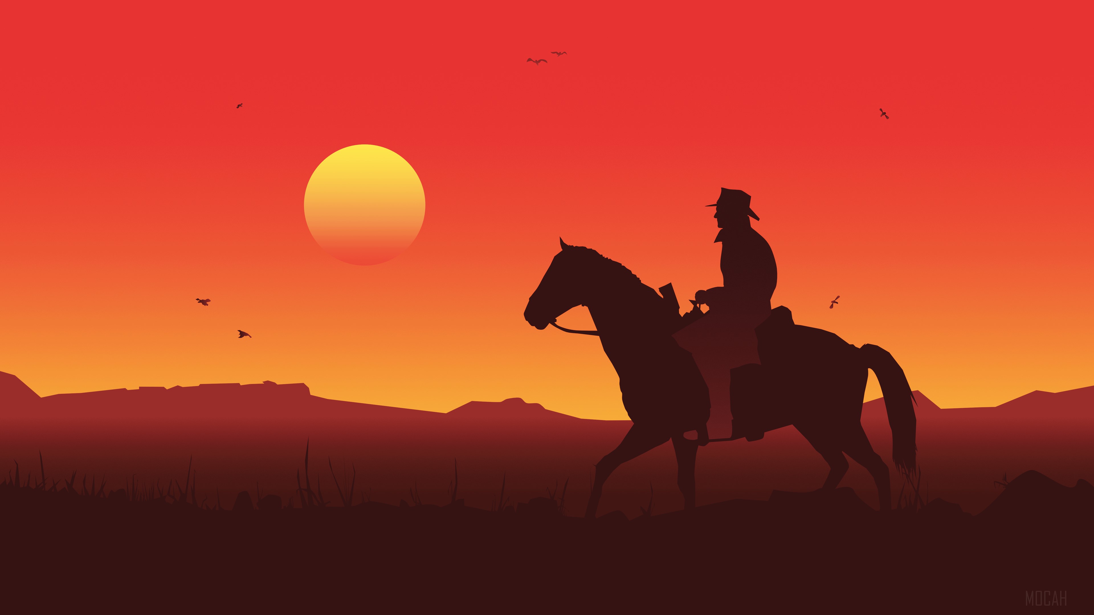 Cowboy on horseback at sunset, Red Dead Redemption 2 illustration 4K HD Wallpaper