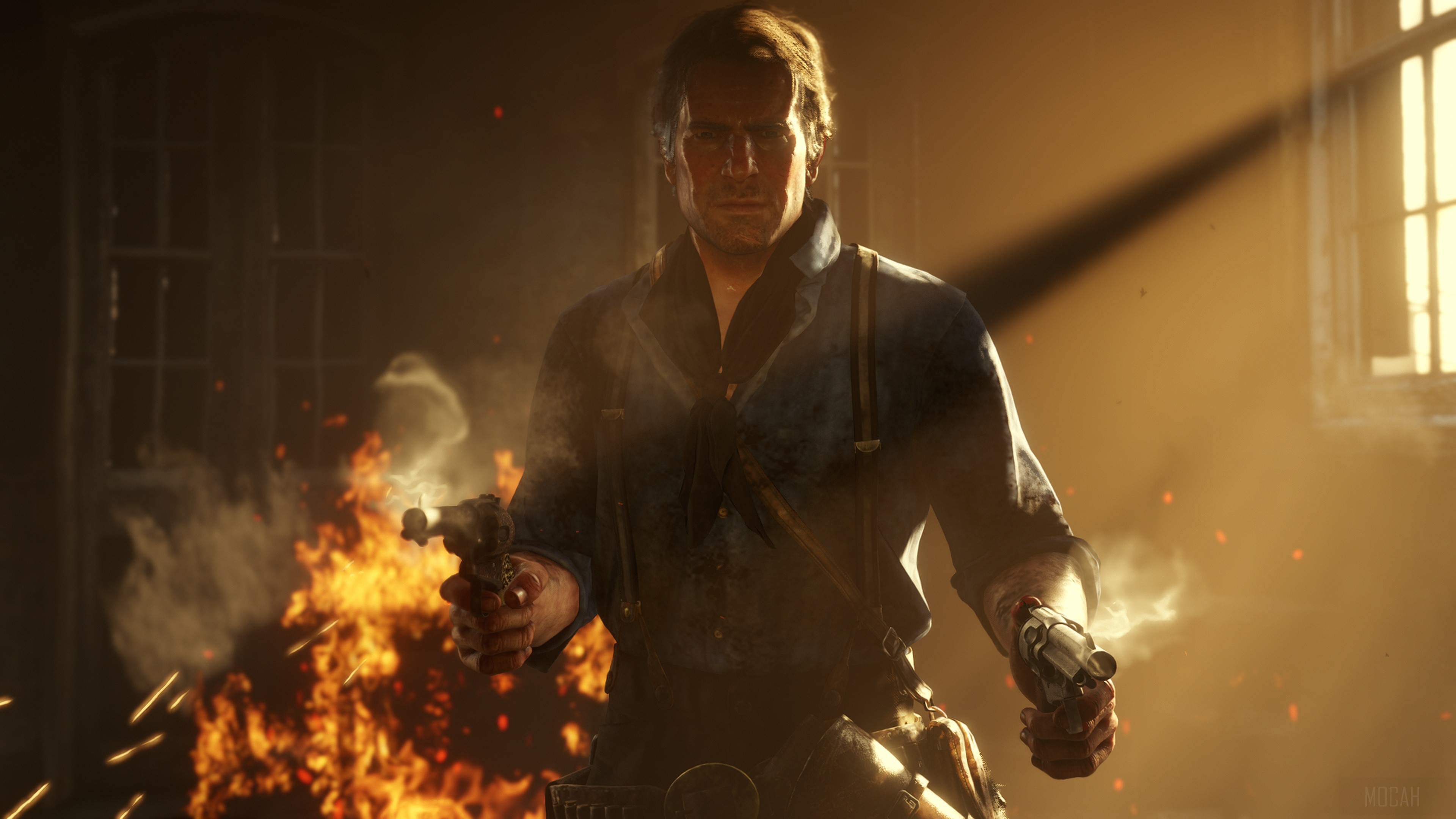 Arthur Morgan from Red Dead Redemption 2 with guns and fire HD Wallpaper