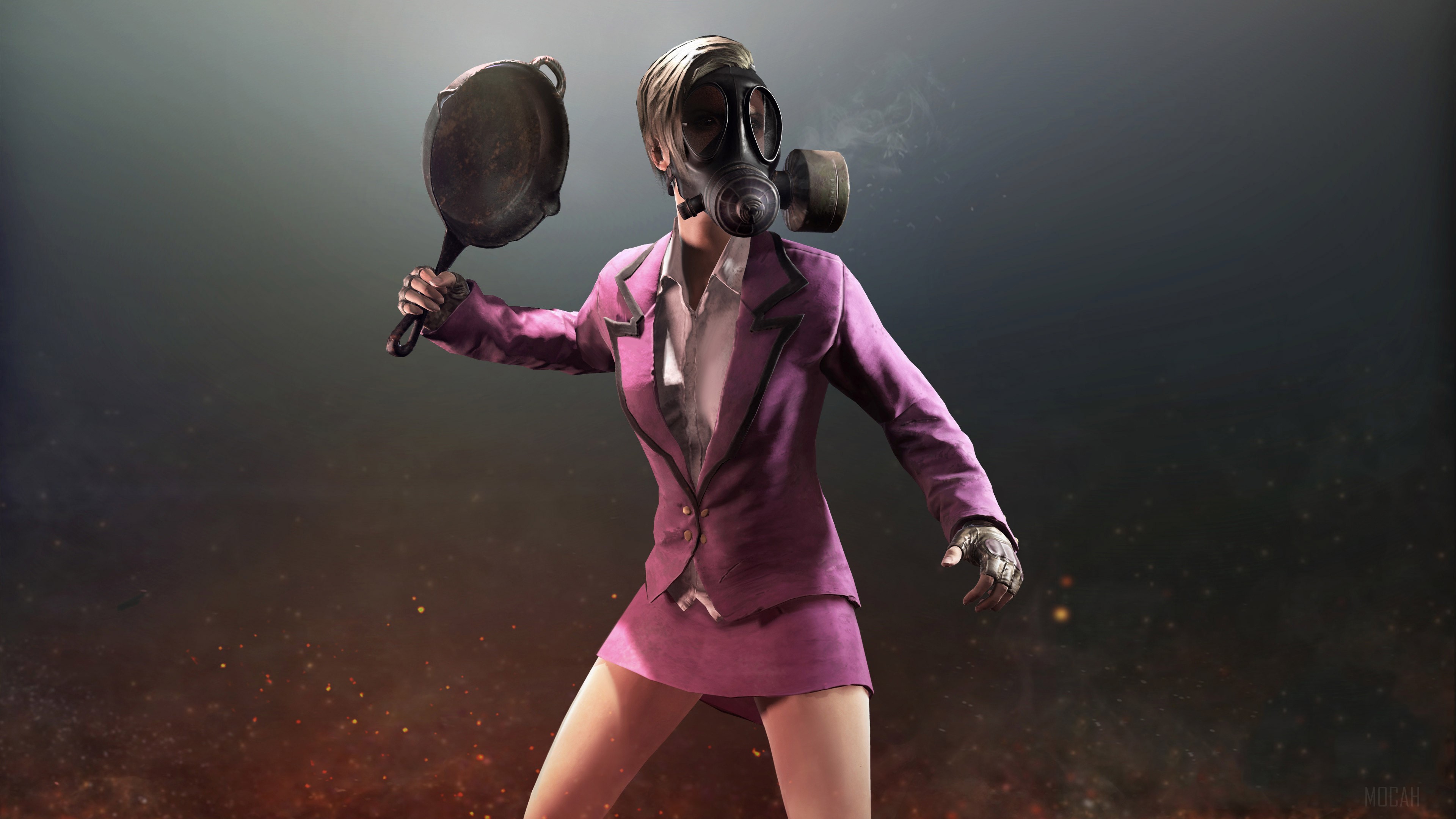Woman in gas mask and suit holding frying pan from PUBG 4K HD Wallpaper