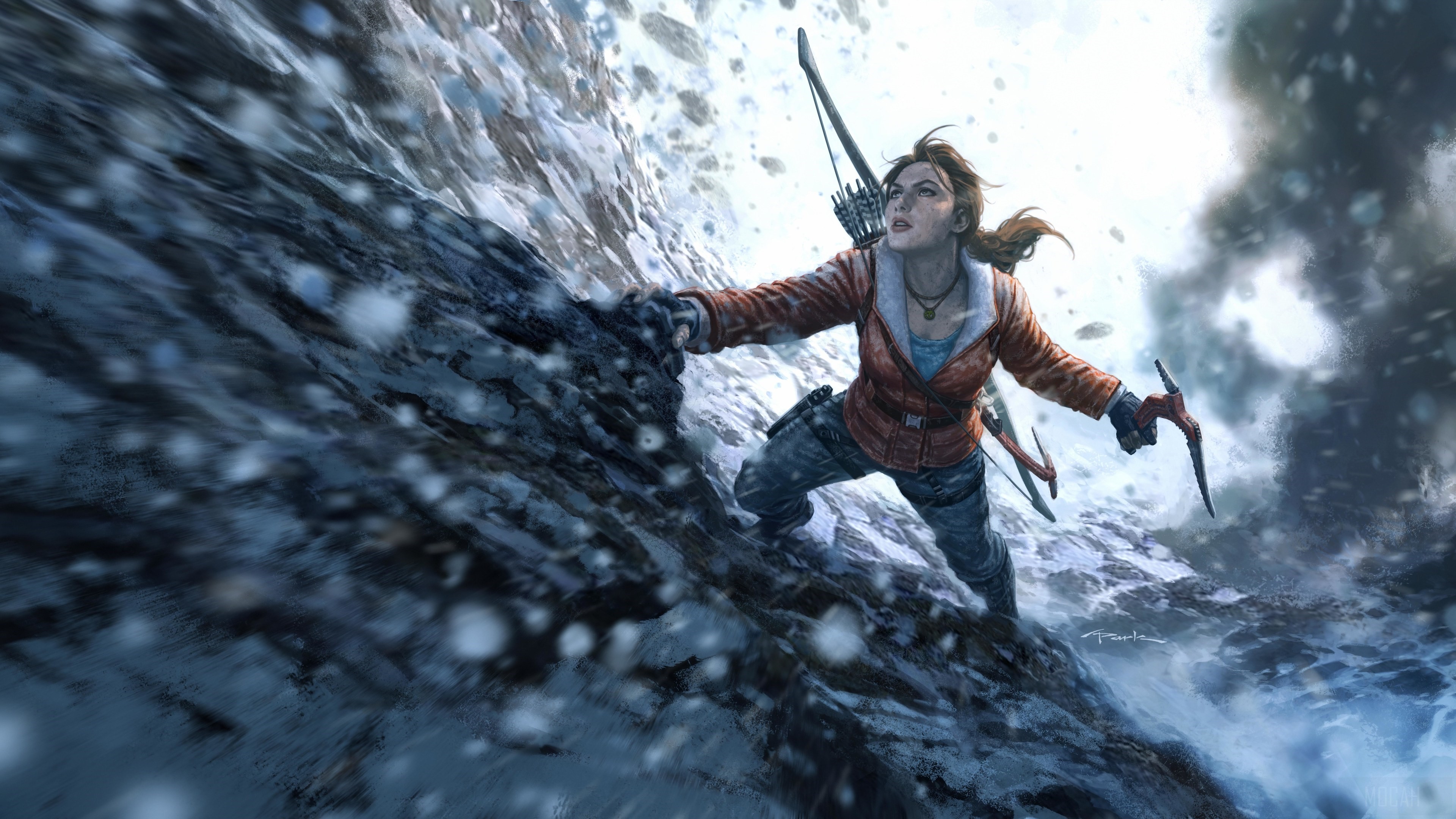 Lara Croft from Tomb Raider climbing a snowy mountain HD Wallpaper