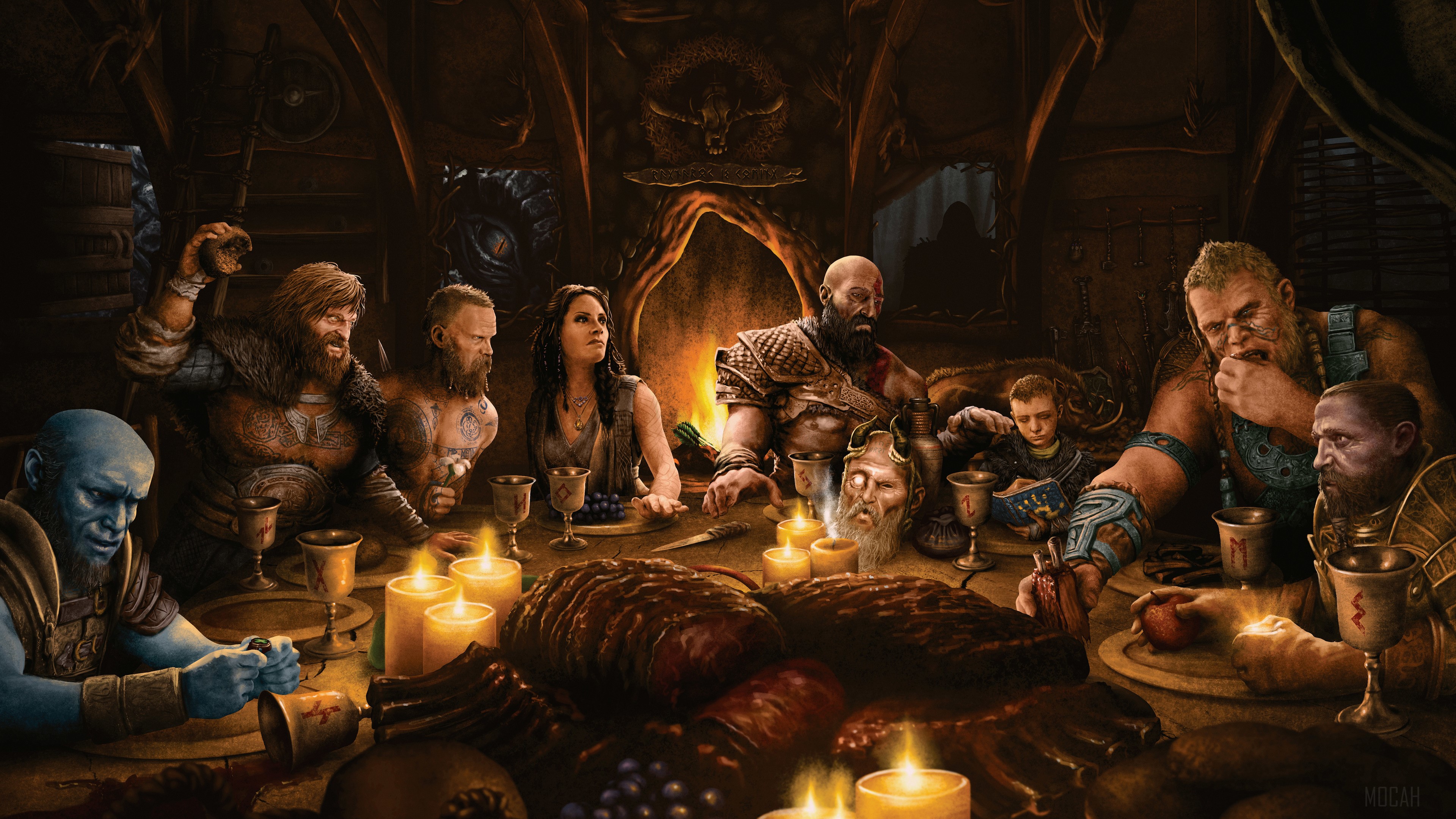 God of War characters at a feast 4K HD Wallpaper