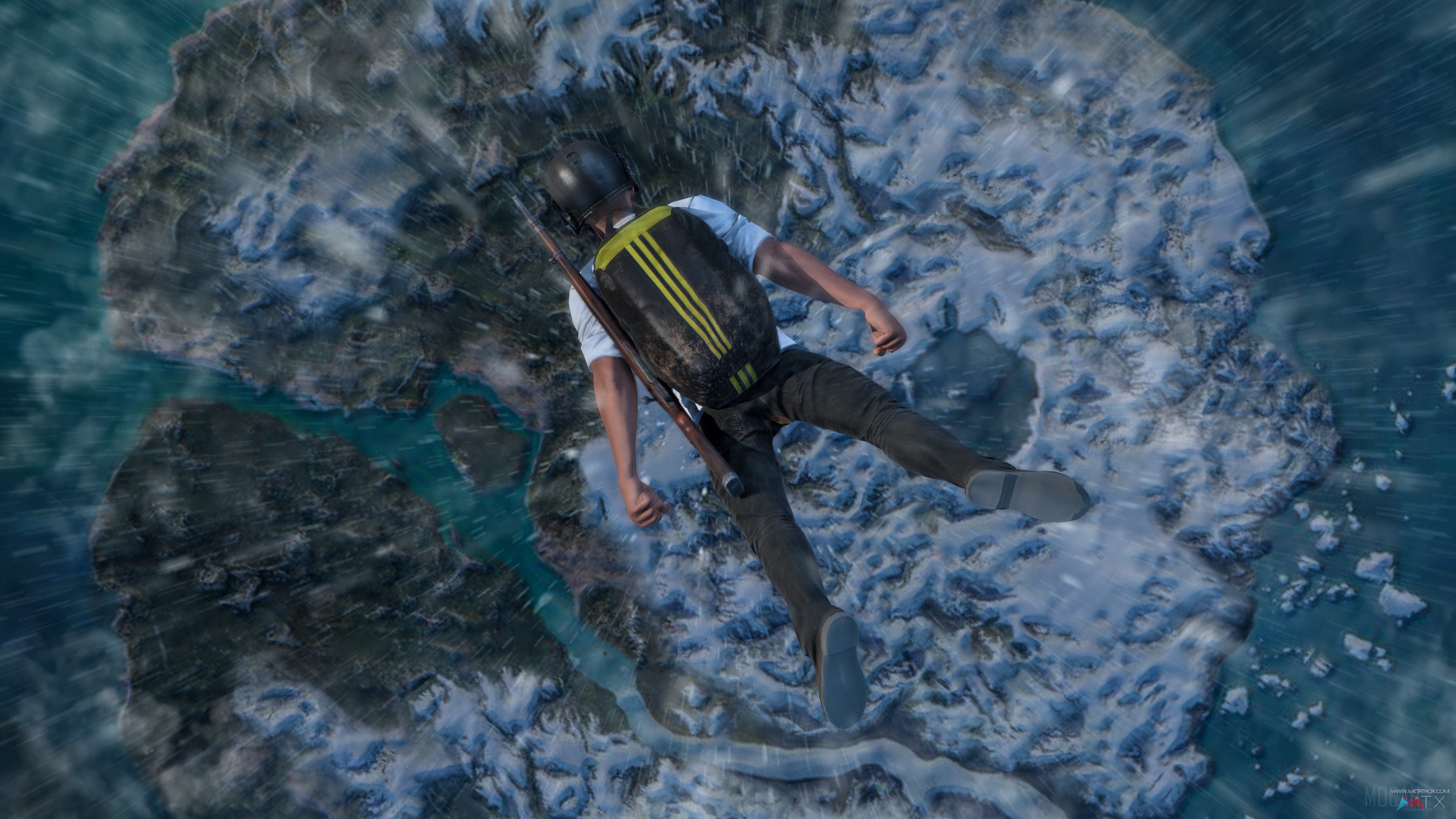 Player parachuting into a snowy island in PUBG 4K HD Wallpaper