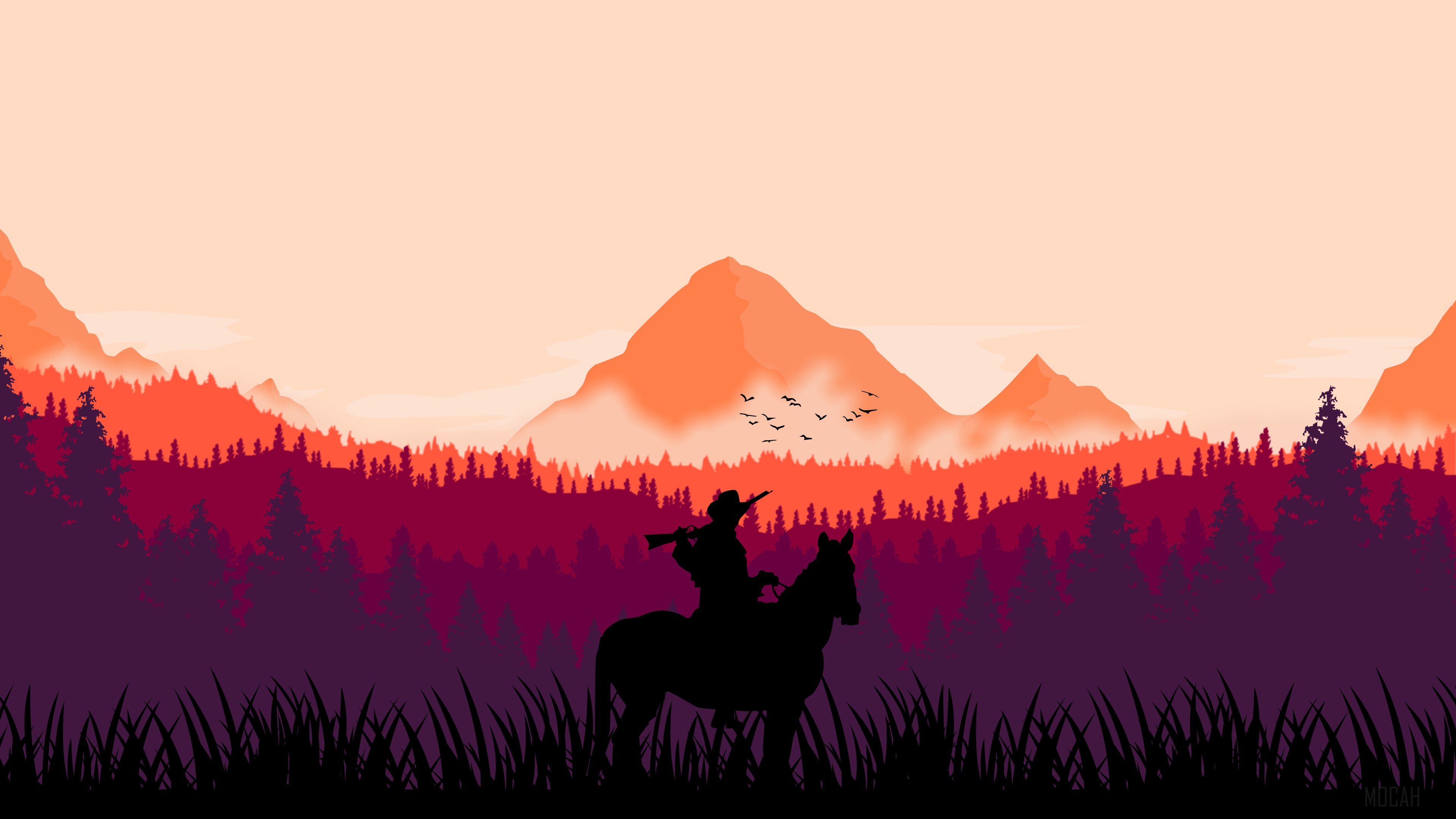Minimalist Art of a Cowboy on Horseback in Mountains 4K HD Wallpaper