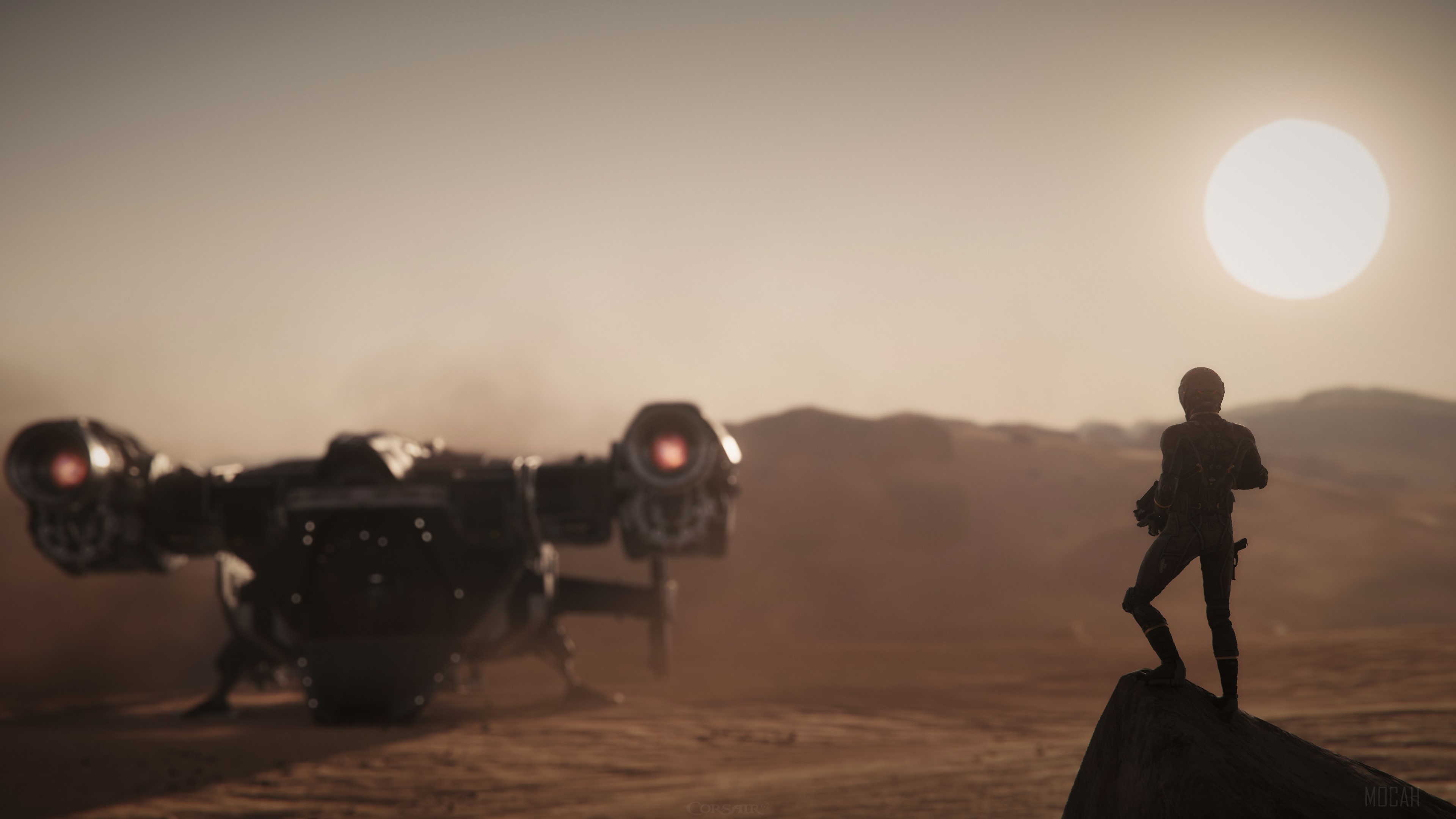 Star Citizen spaceship on desert planet at sunset 4K HD Wallpaper