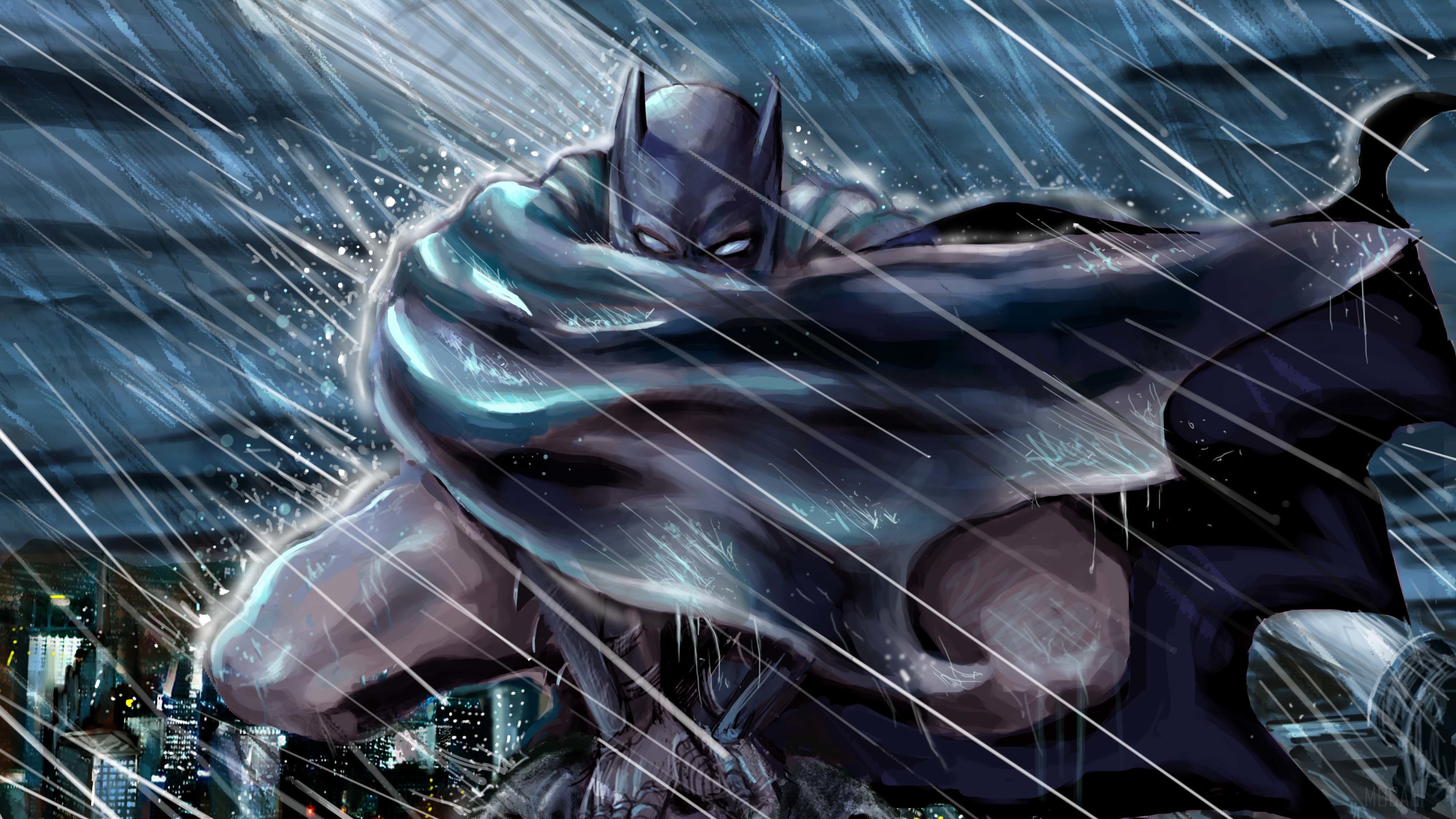 Batman in Gotham City during a rainstorm 4K HD Wallpaper