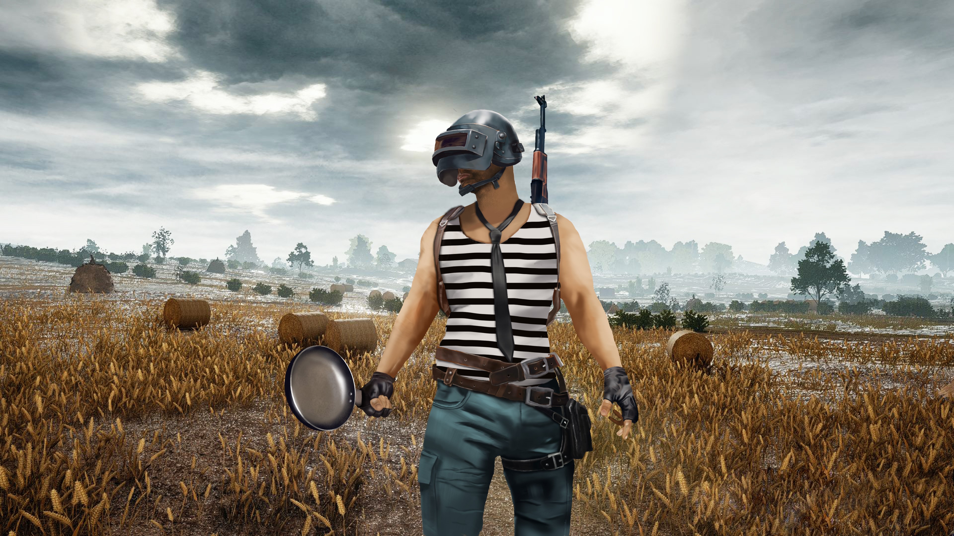 PUBG Player holding a Pan and Rifle HD Wallpaper