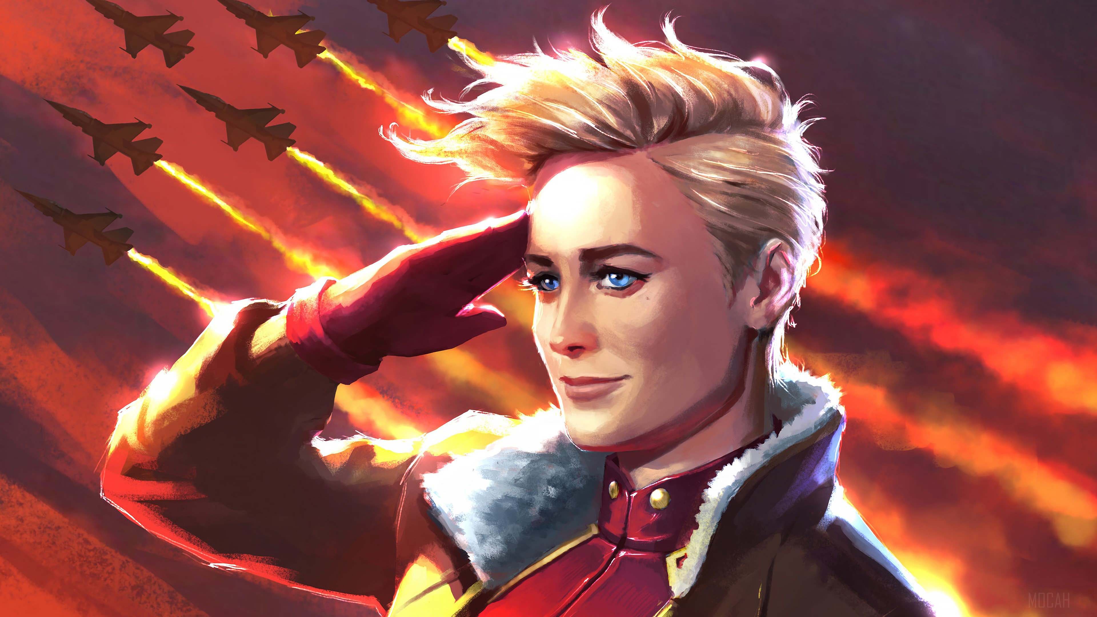 Captain Marvel Carol Danvers Saluting with Jets Flying HD Wallpaper