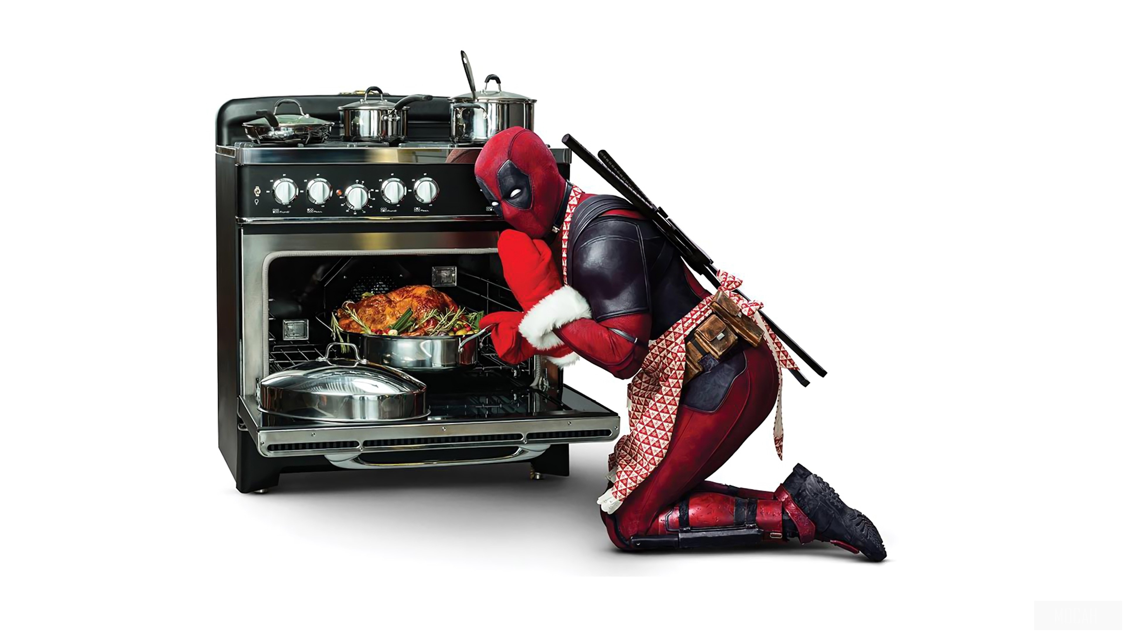 Deadpool from Deadpool 2 checking a turkey in an oven HD Wallpaper