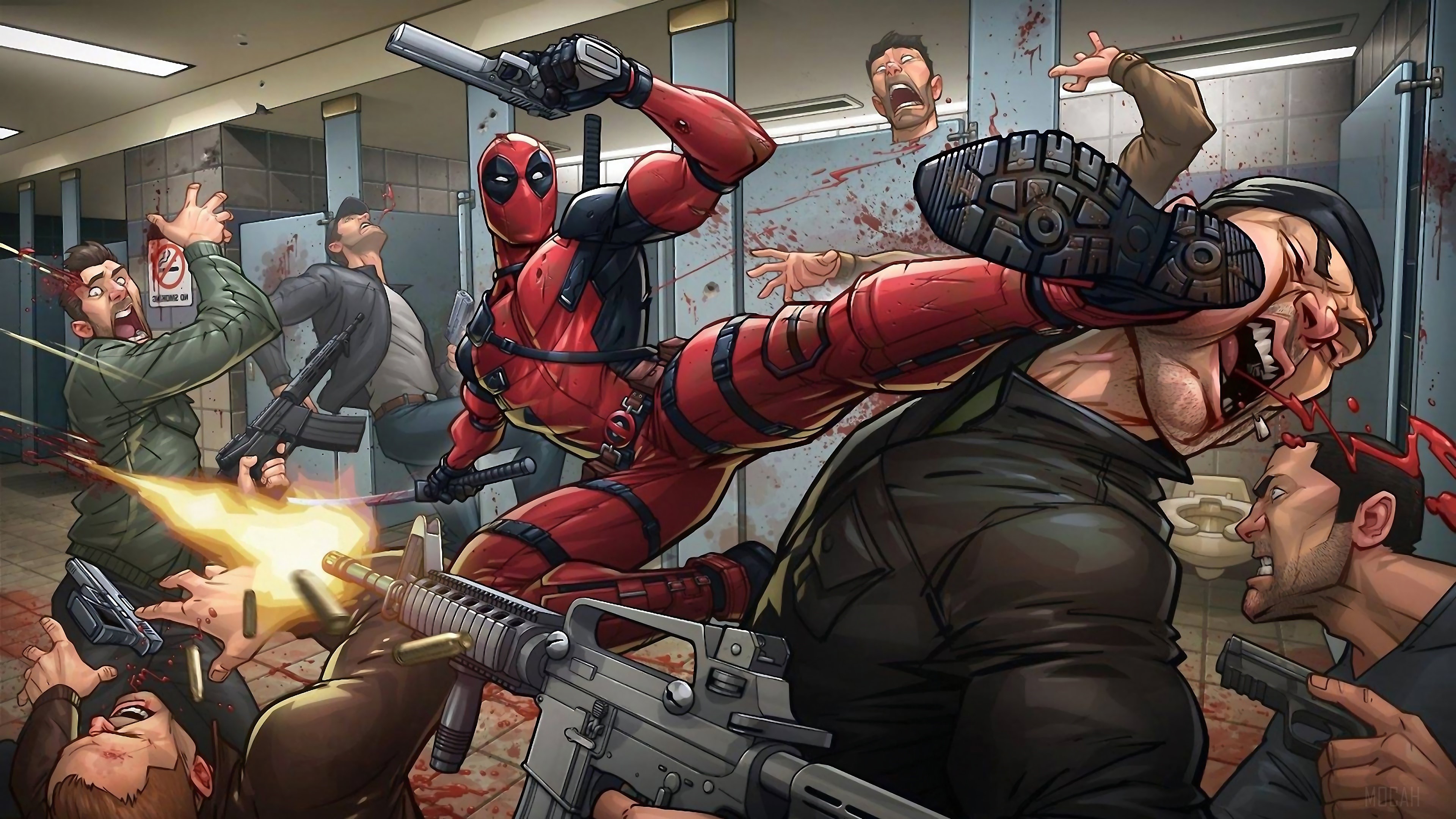 Deadpool Fighting in a Bathroom 4K HD Wallpaper