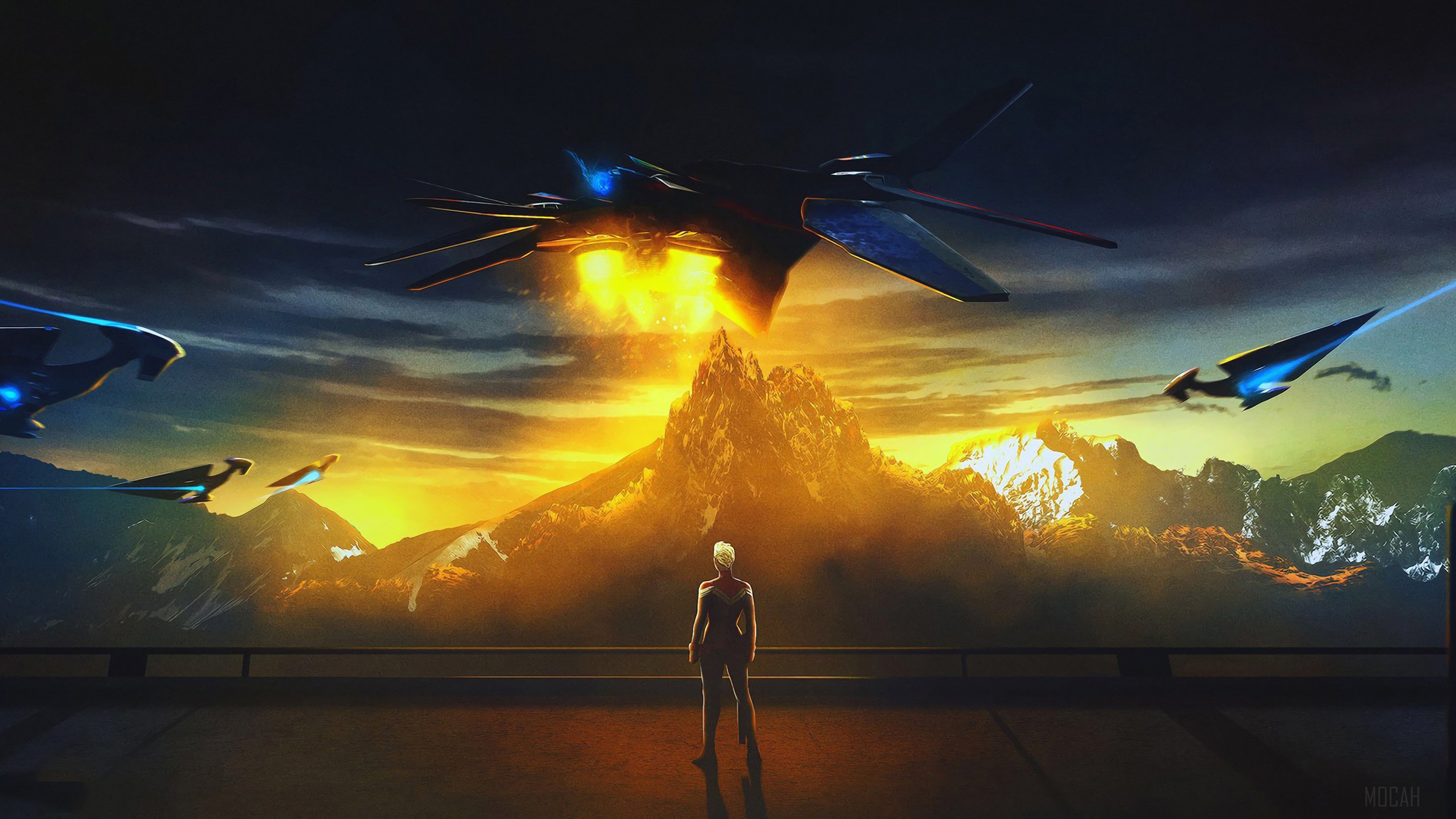 Captain Marvel and spaceships over mountains 4K HD Wallpaper