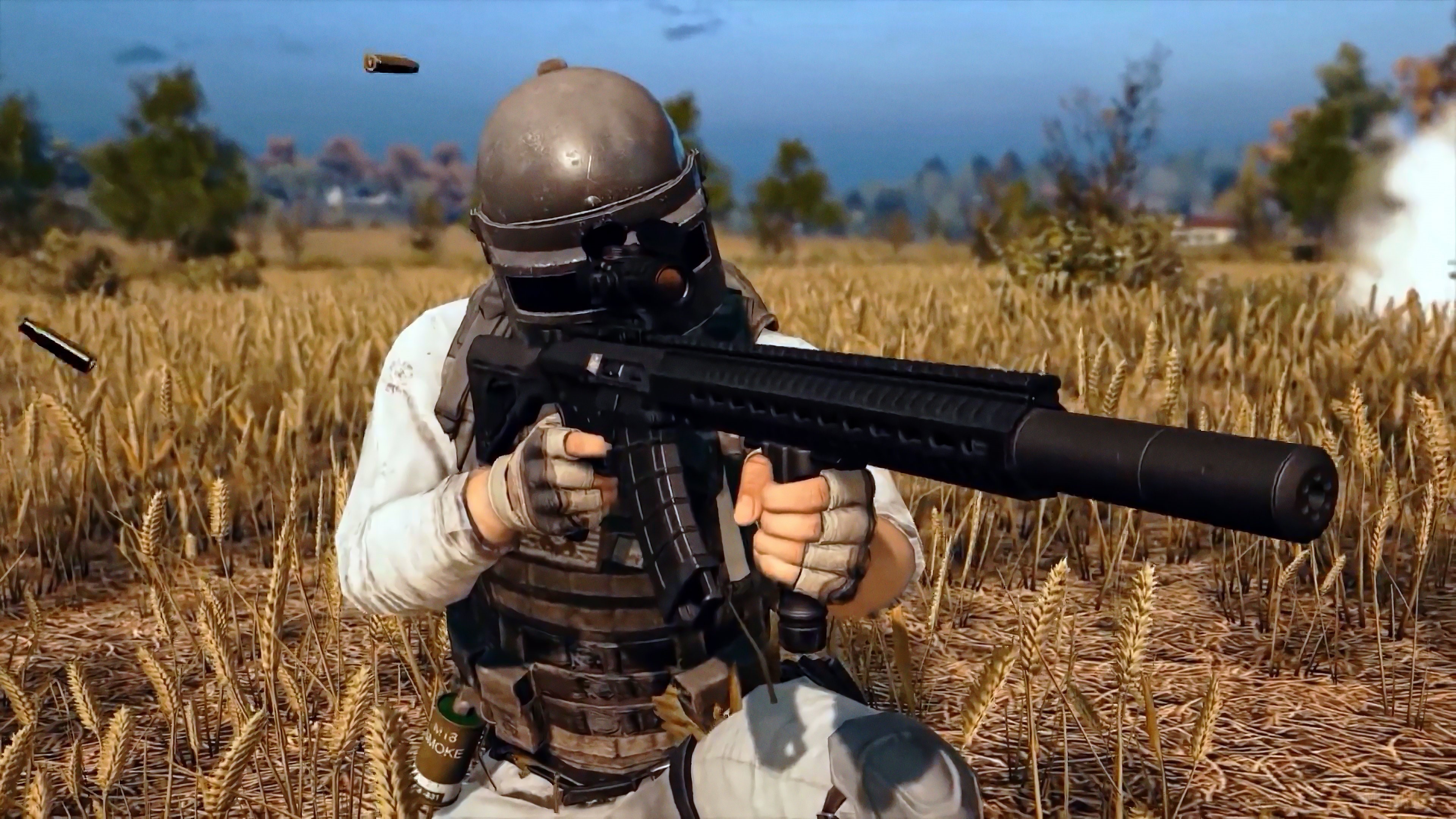 PlayerUnknown's Battlegrounds player with rifle in field 4K HD Wallpaper