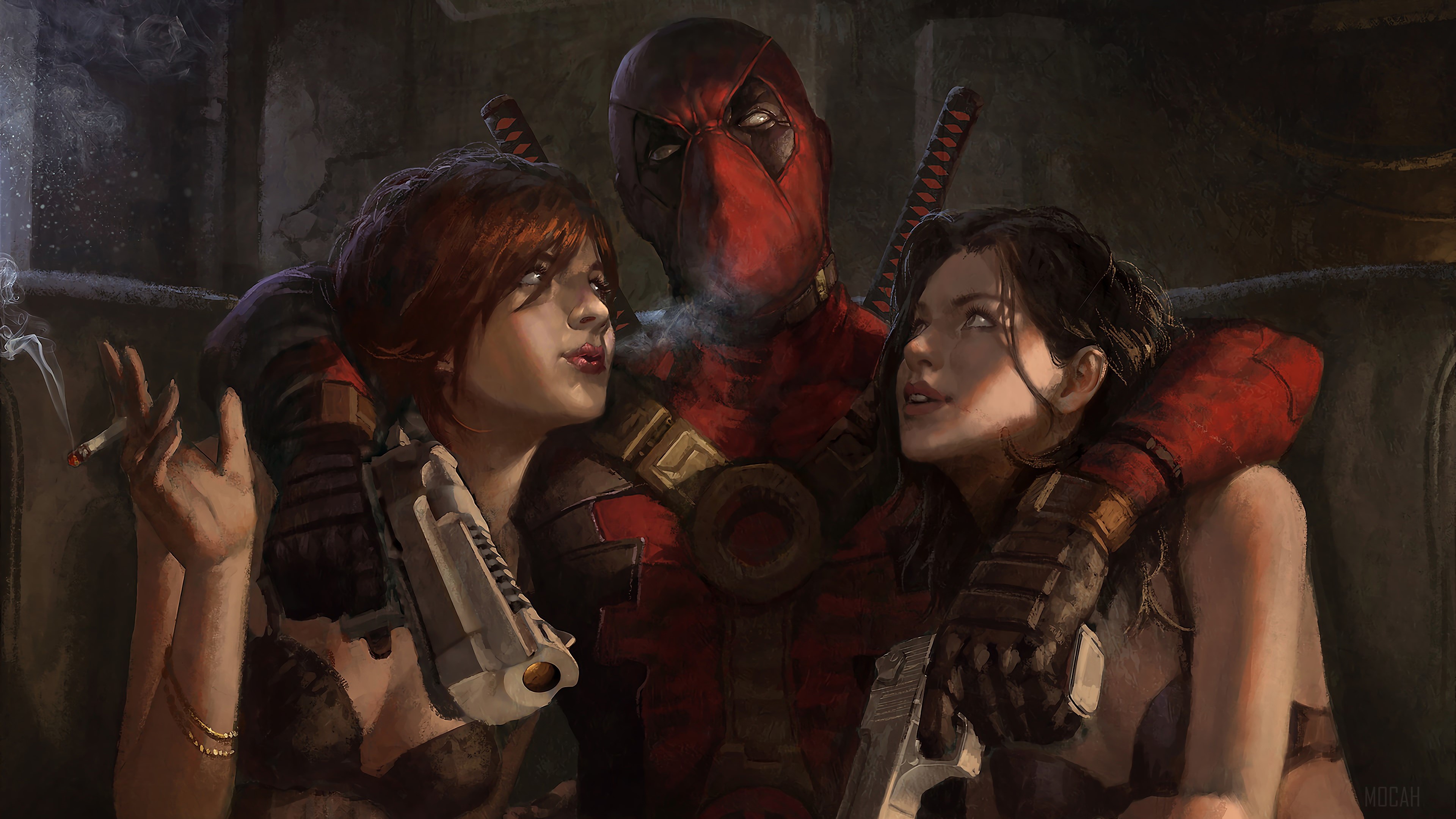 Deadpool with two women 4K HD Wallpaper