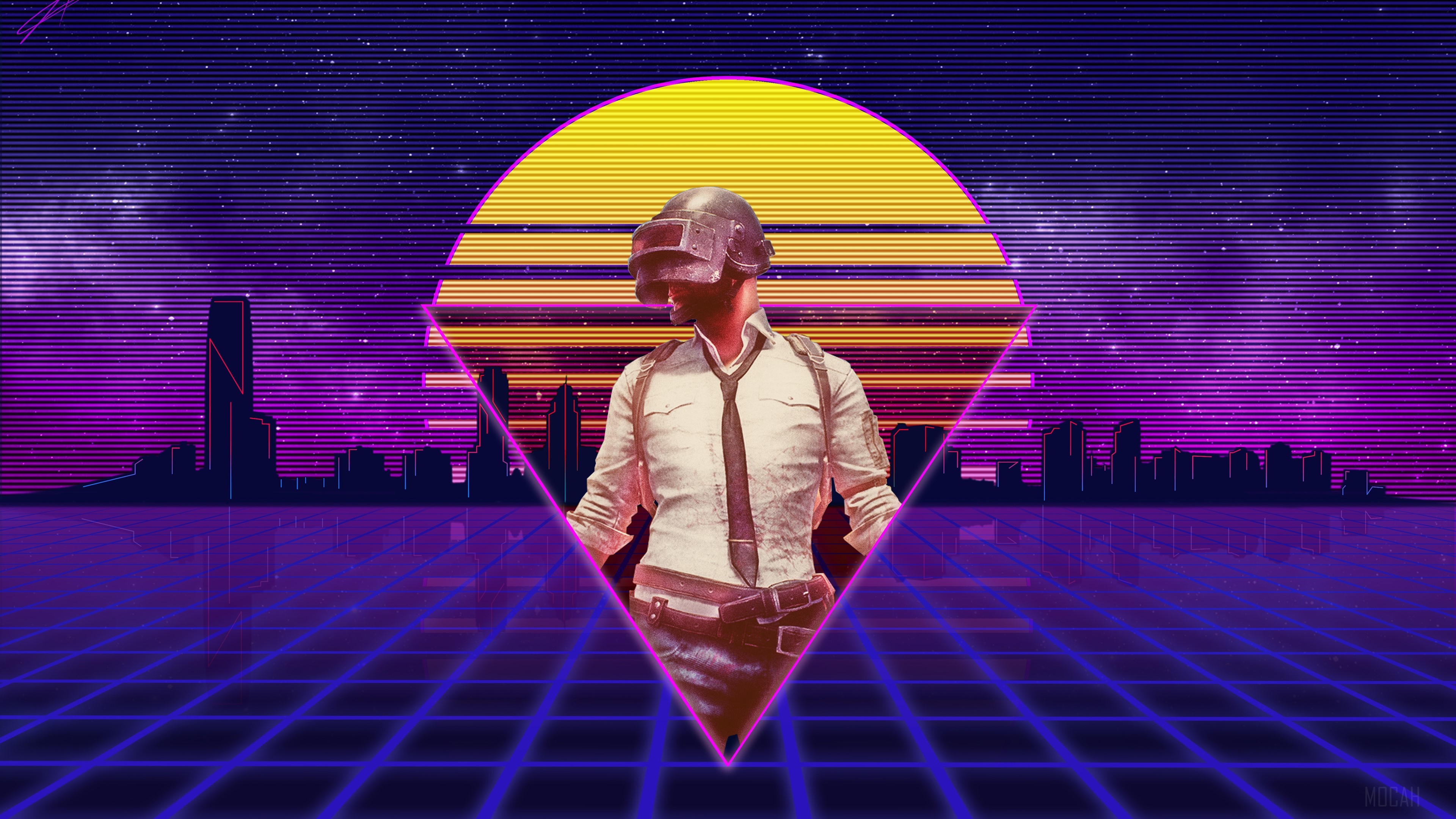 PlayerUnknowns Battlegrounds character in retro sunset city HD Wallpaper