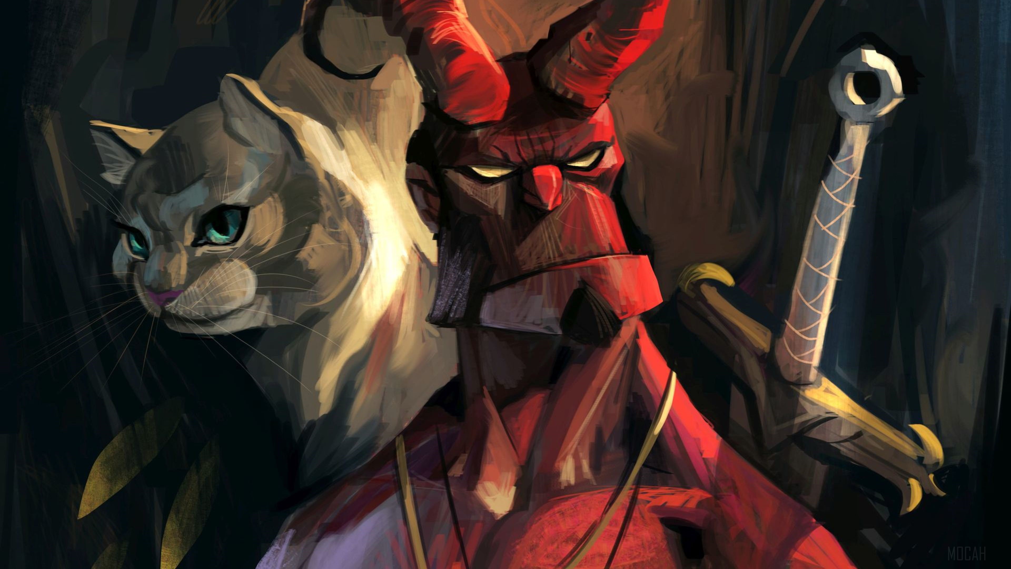 Hellboy and a Cat with a Sword HD Wallpaper