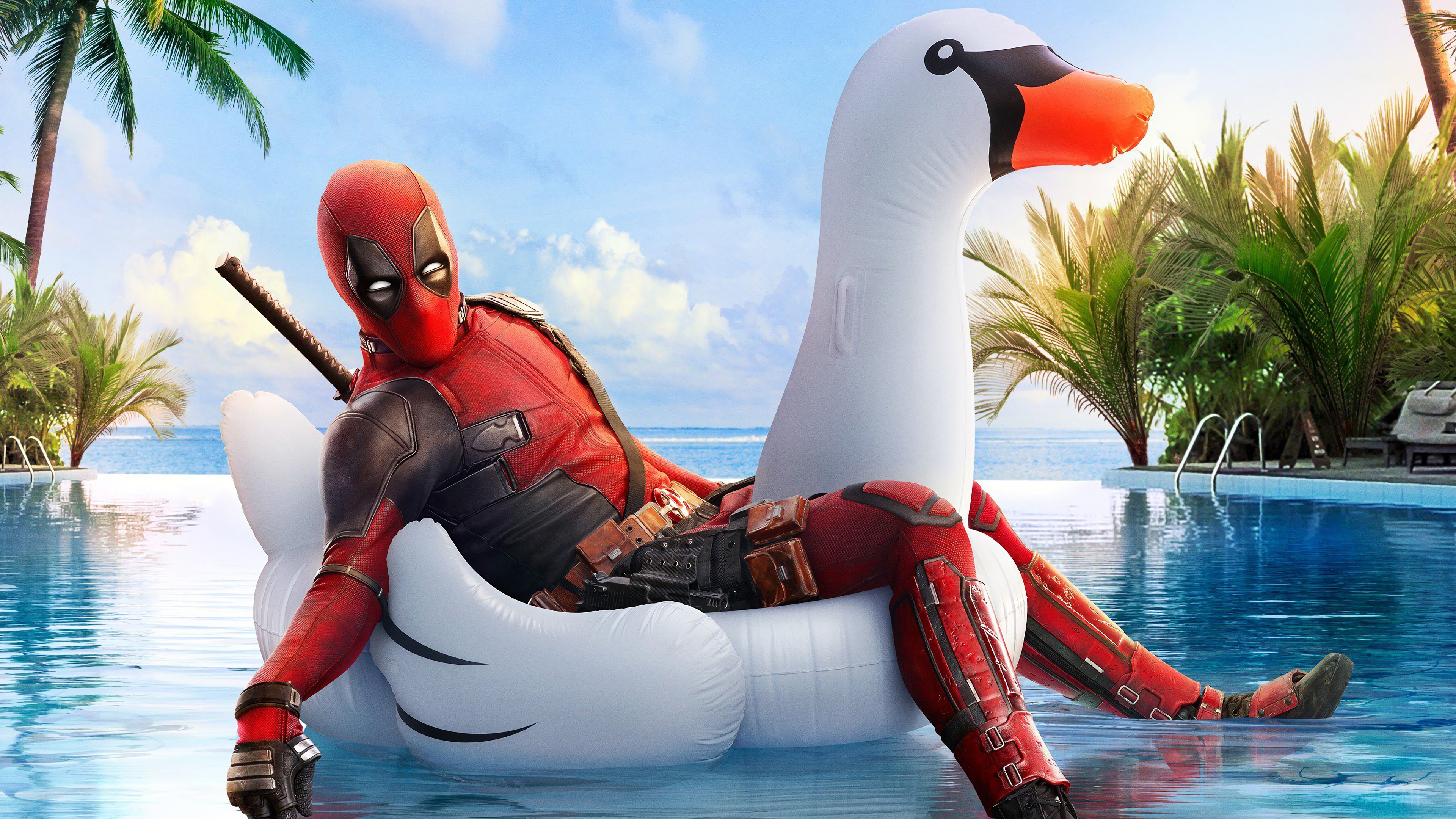 Deadpool on a Swan Float in Pool 4K HD Wallpaper