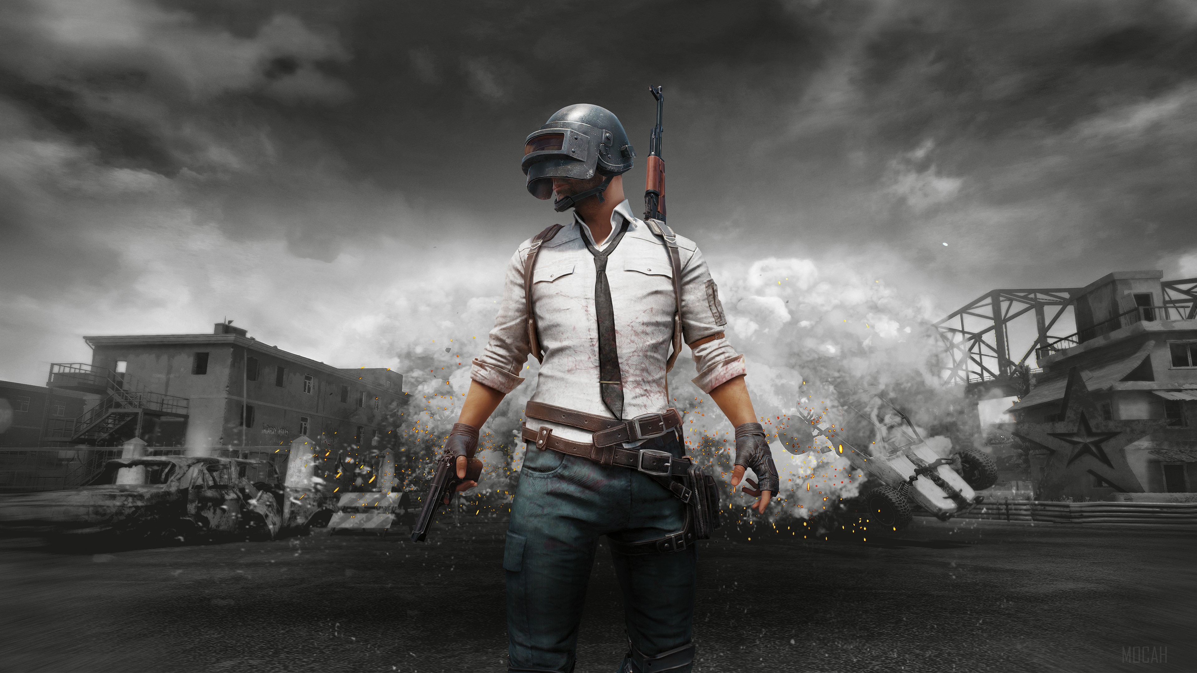 PUBG character with guns and rifle in monochrome 4K HD Wallpaper