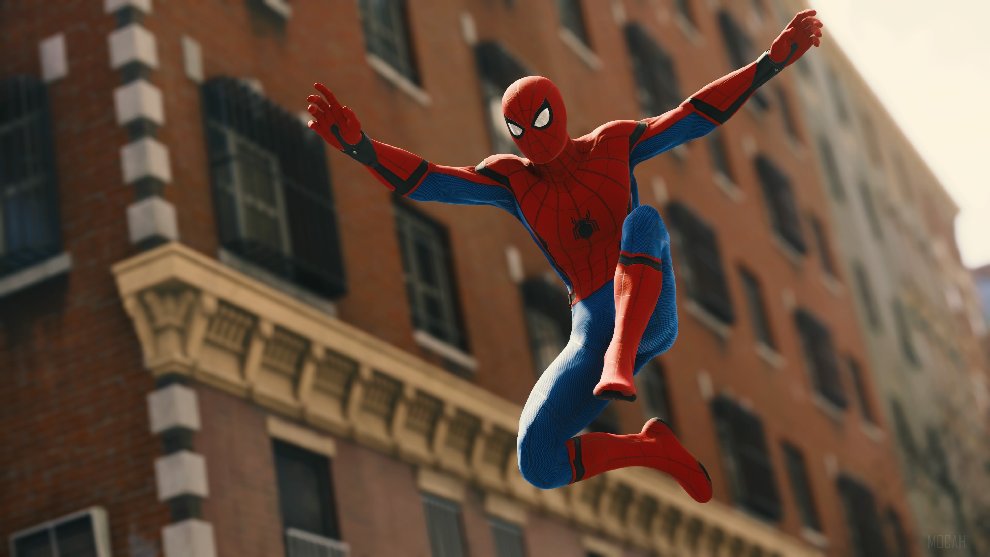 Spider-Man jumping in front of buildings 4K HD Wallpaper