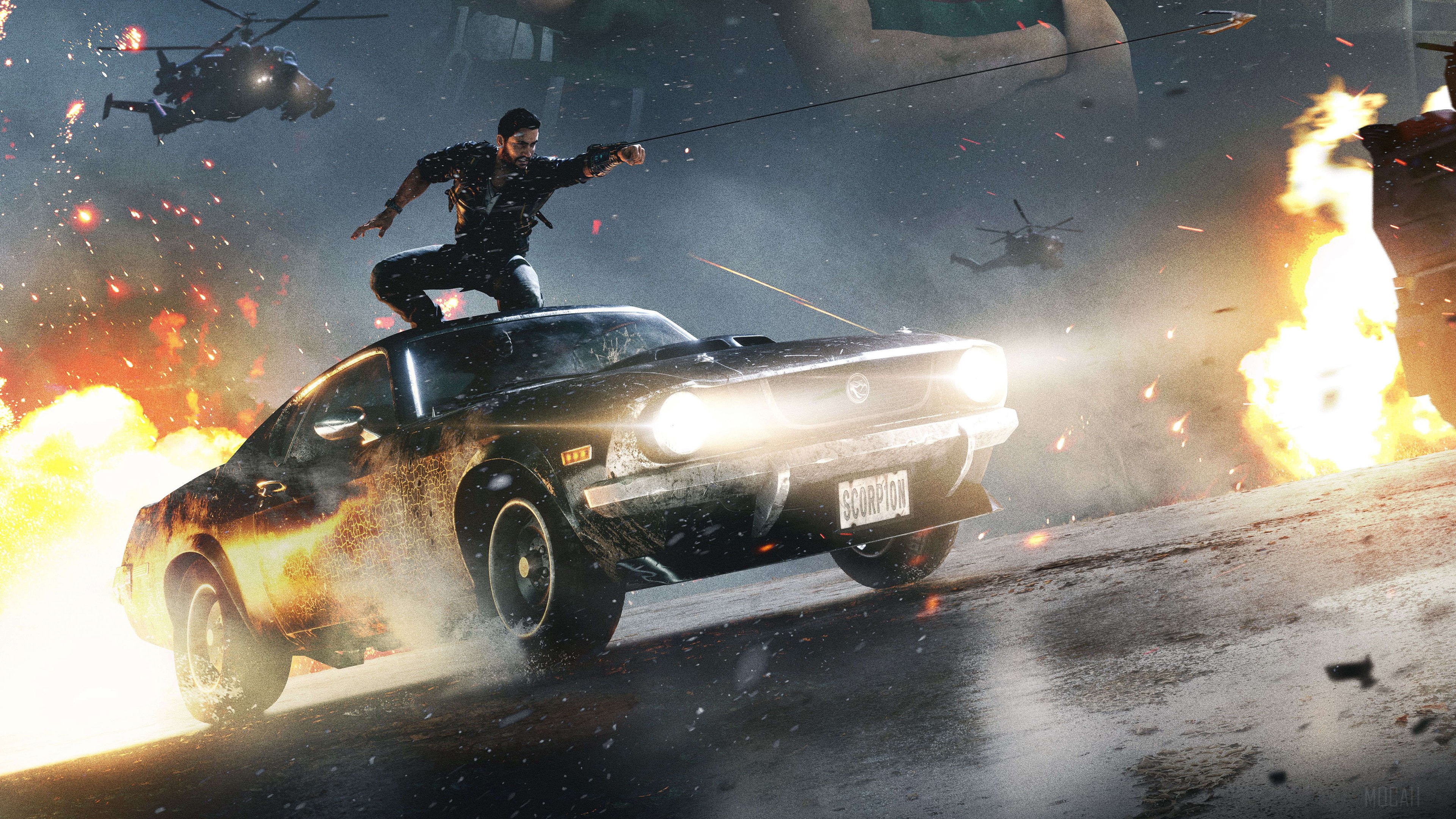 Rico Rodriguez on a car in Just Cause 4 4K HD Wallpaper