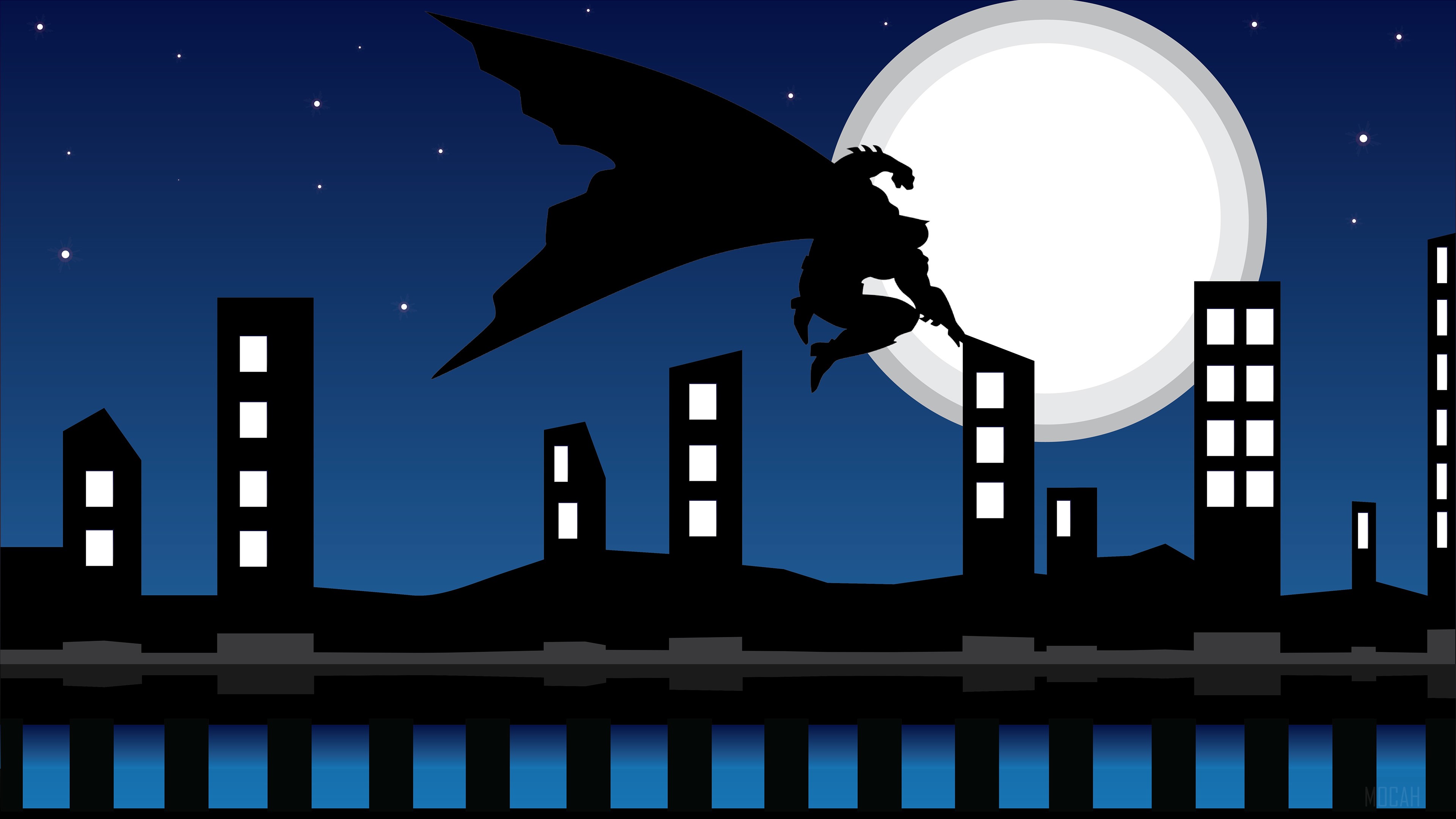Batman Silhouette over City Skyline with Moon 4K HD Wallpaper