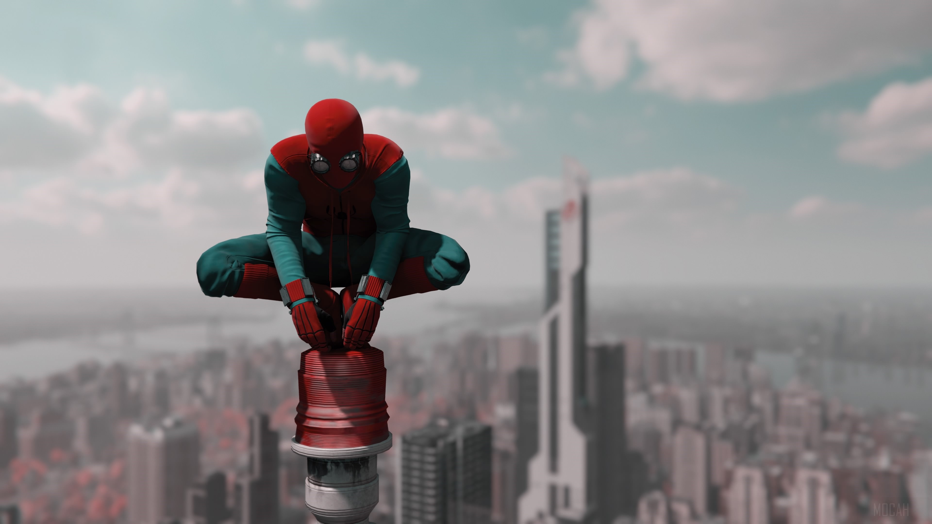 Spiderman sitting on a building in 4K HD Wallpaper