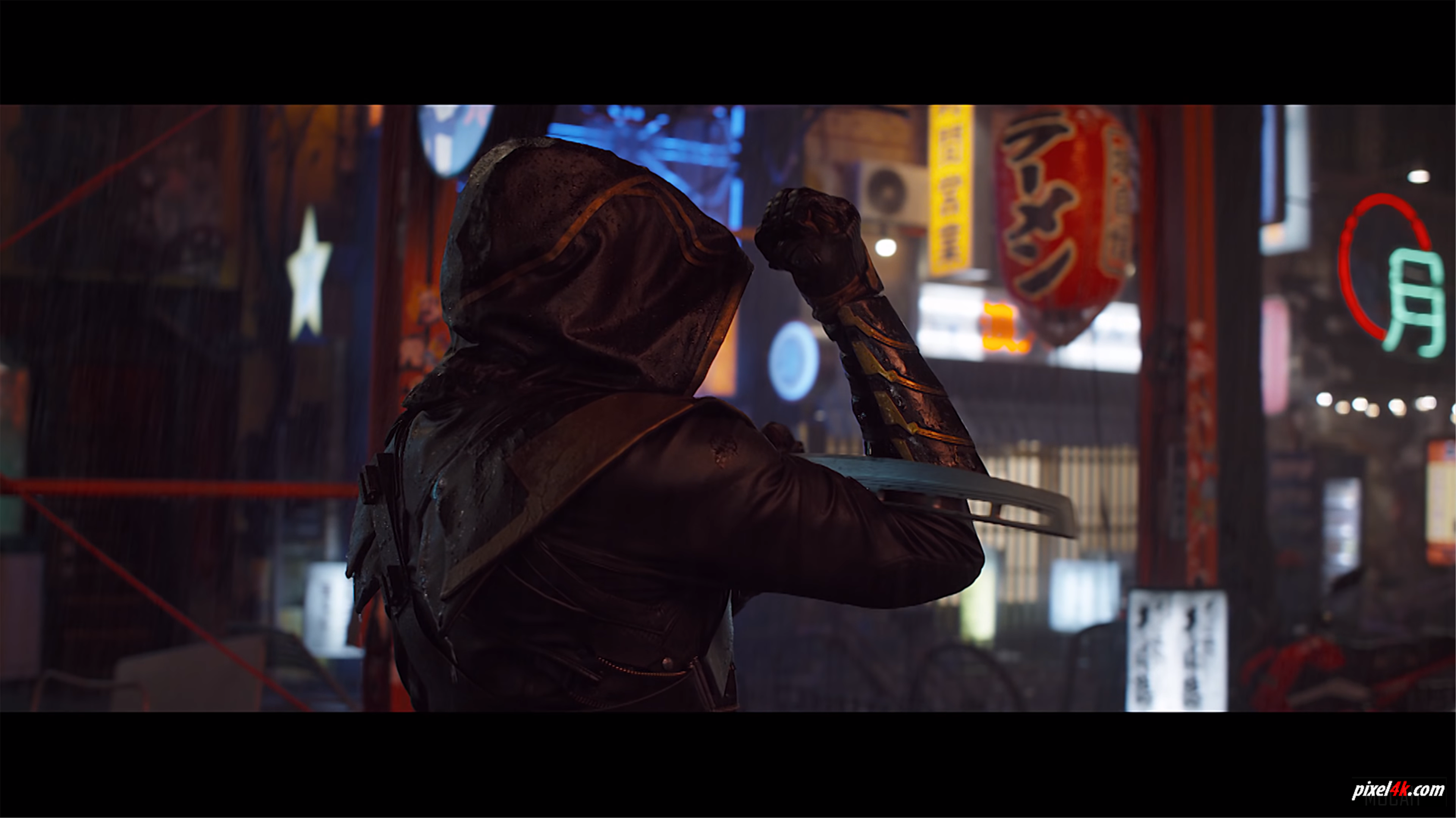 Hawkeye from Avengers in a neon-lit city at night HD Wallpaper