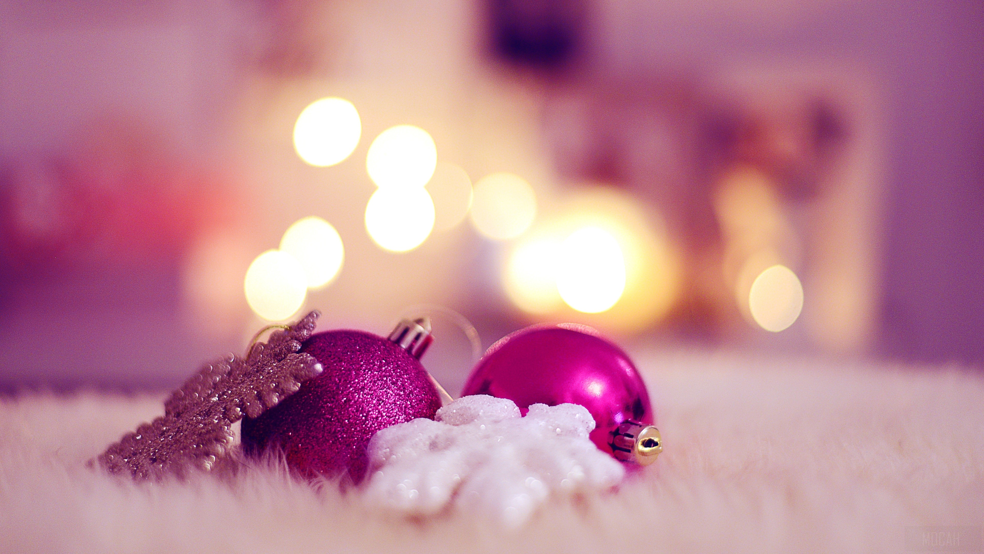 Christmas ornaments and snowflakes with bokeh lights HD Wallpaper
