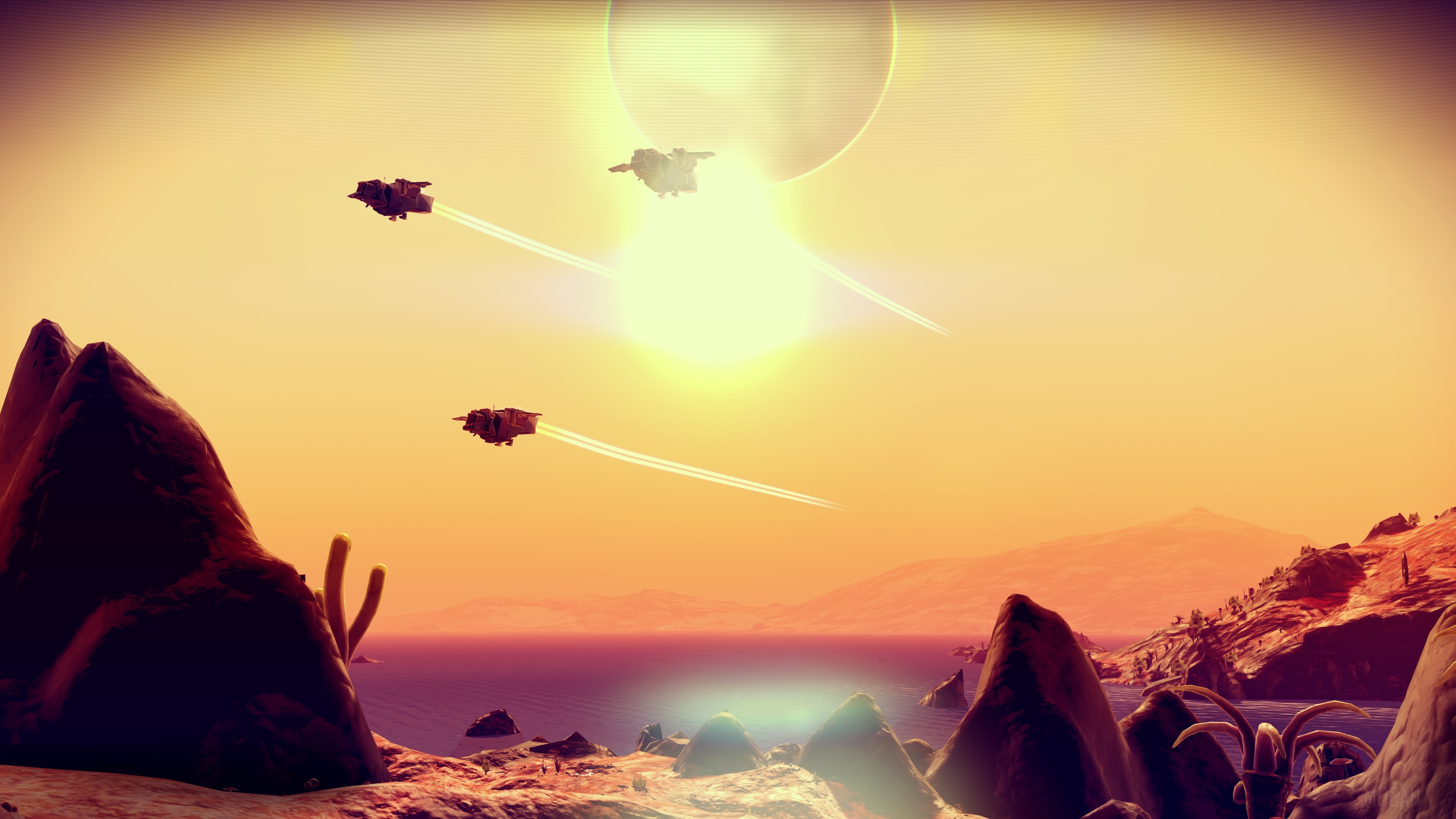 No Man's Sky 4K Spaceships over Alien Planet HD Wallpaper