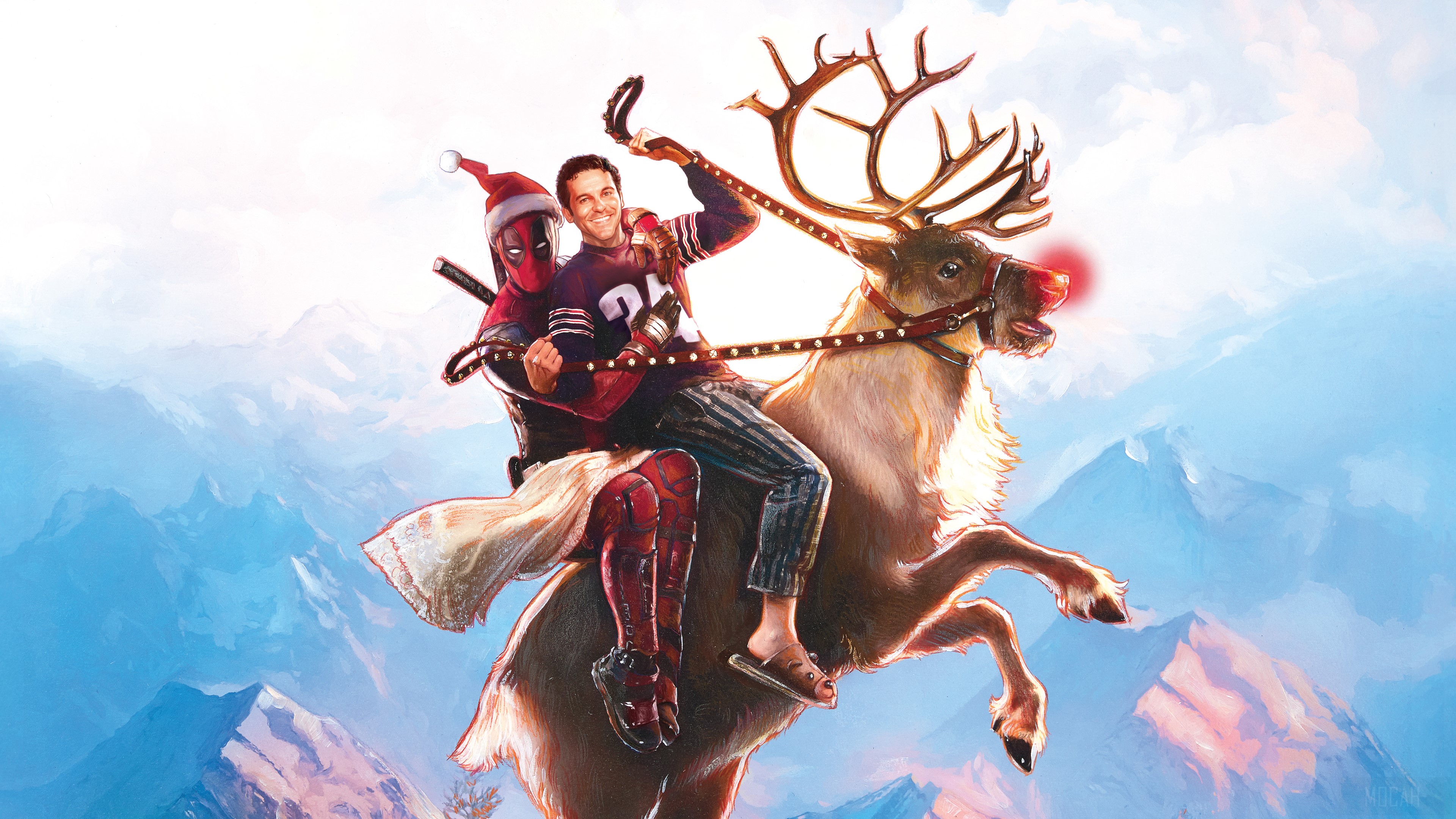 Deadpool and Ryan Reynolds riding a reindeer HD Wallpaper