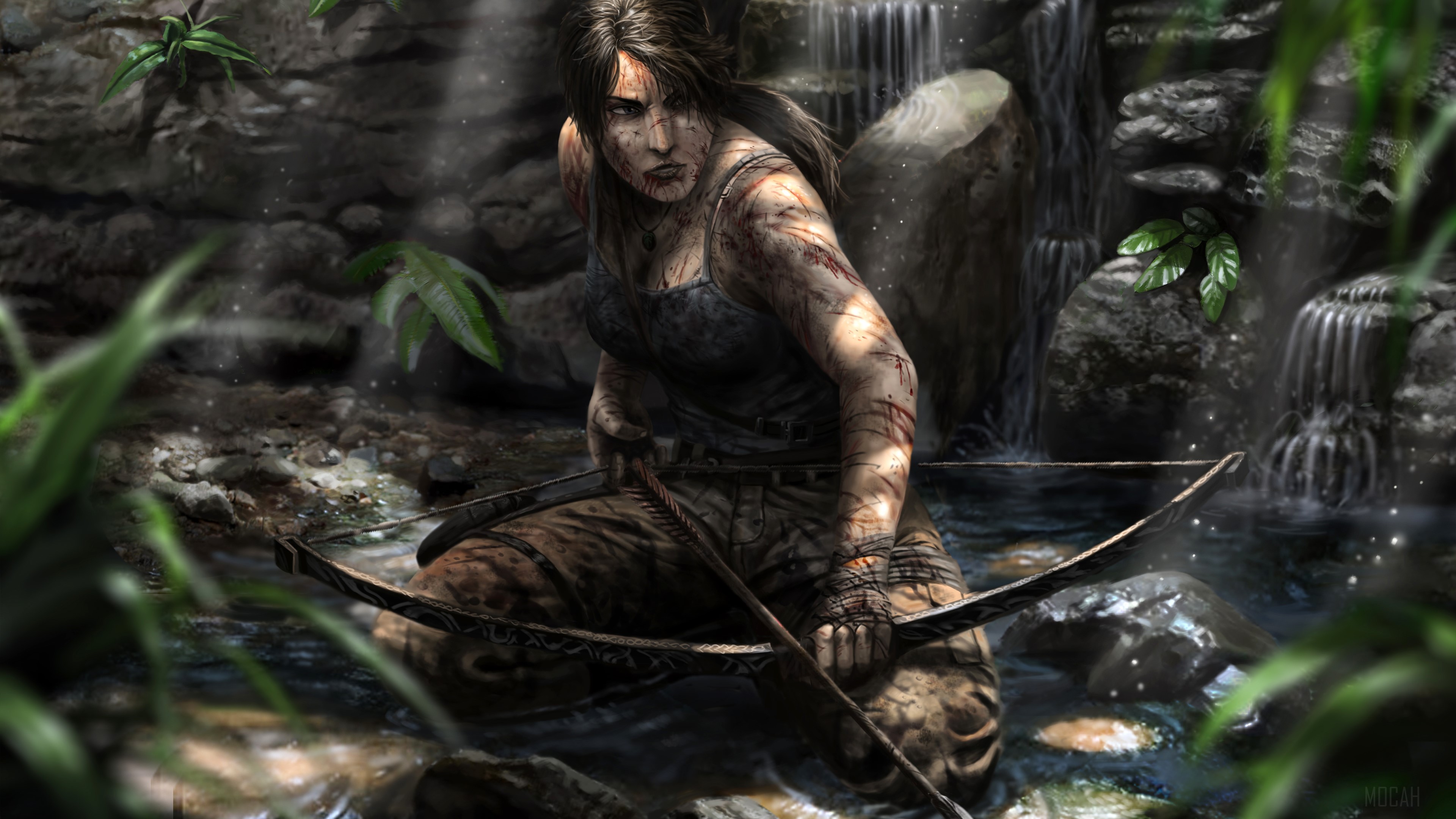 Lara Croft from Tomb Raider with bow and arrow in waterfall HD Wallpaper