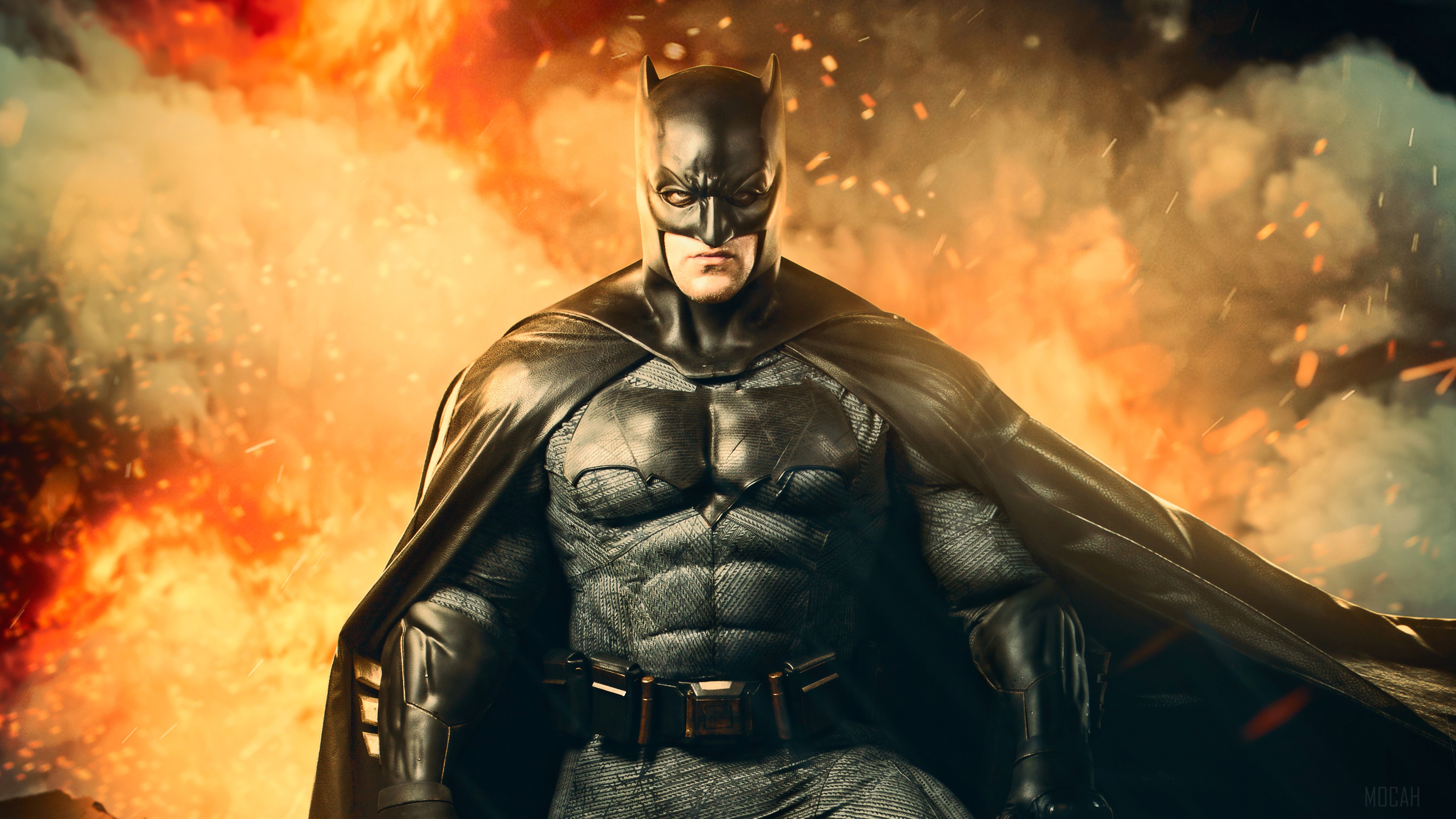 Batman in front of an explosion HD Wallpaper