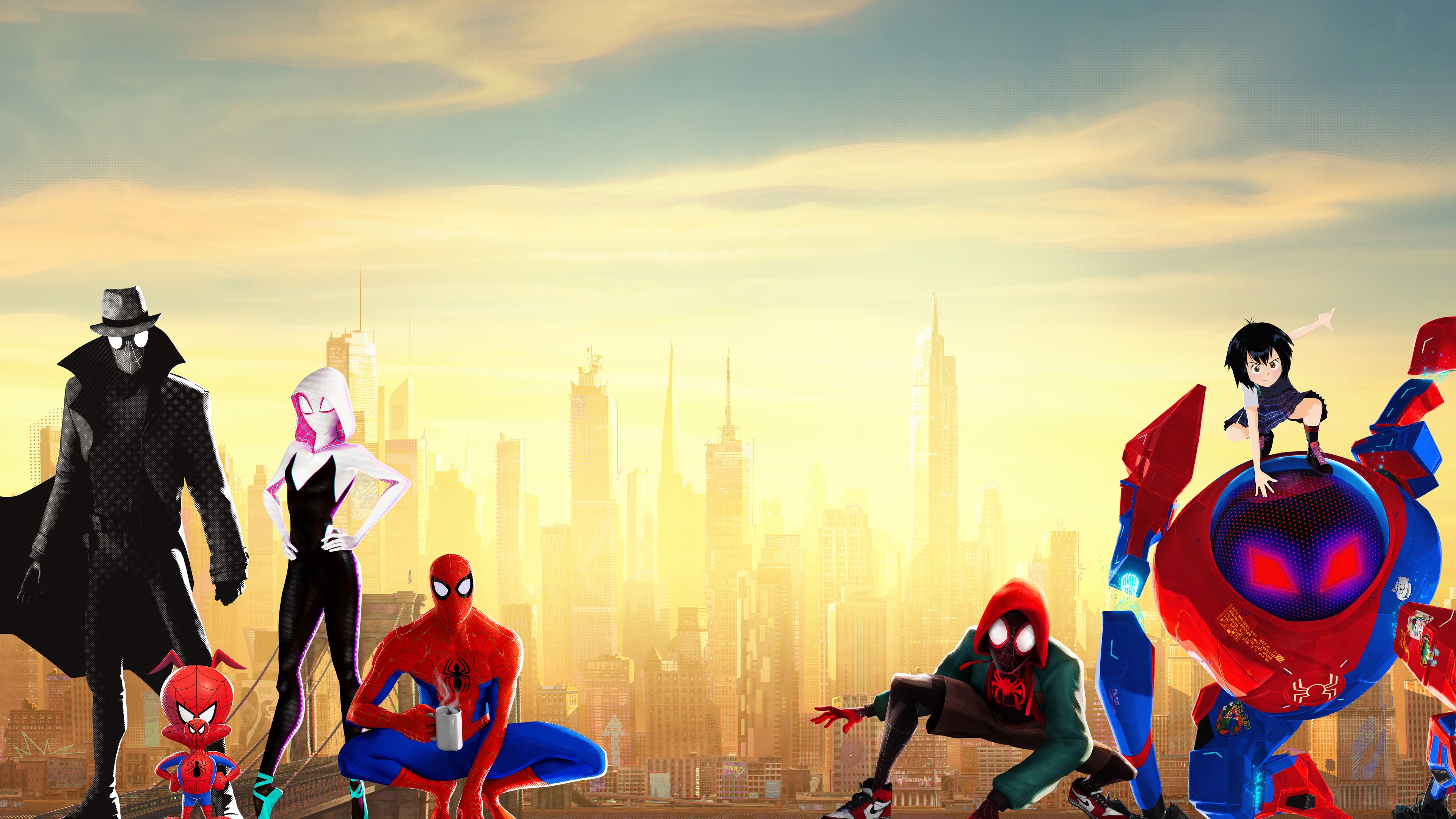 Spider-Man: Into the Spider-Verse characters in a city HD Wallpaper