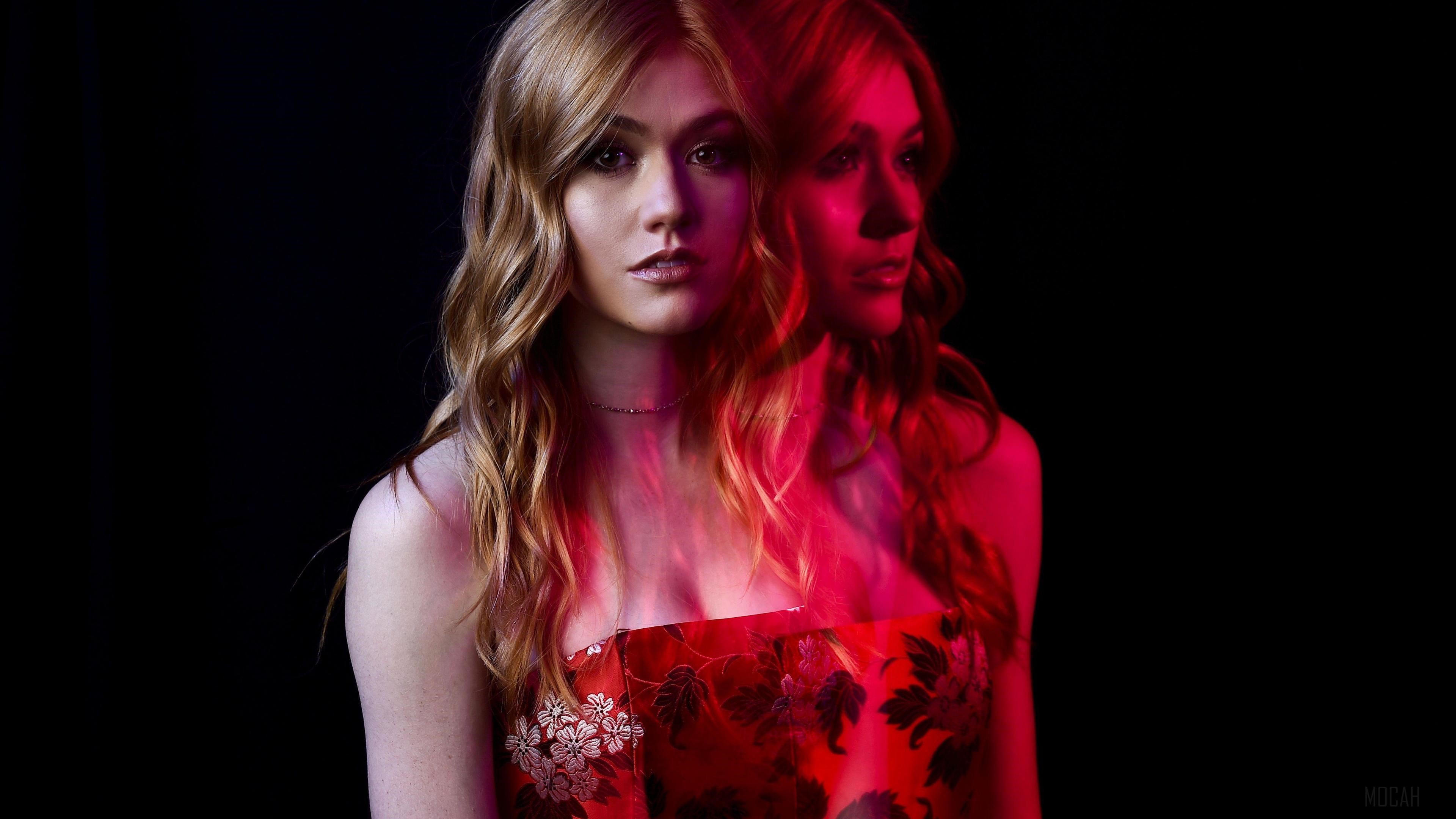 Katherine McNamara in Red Dress with Pink and Red Lighting 4K HD Wallpaper