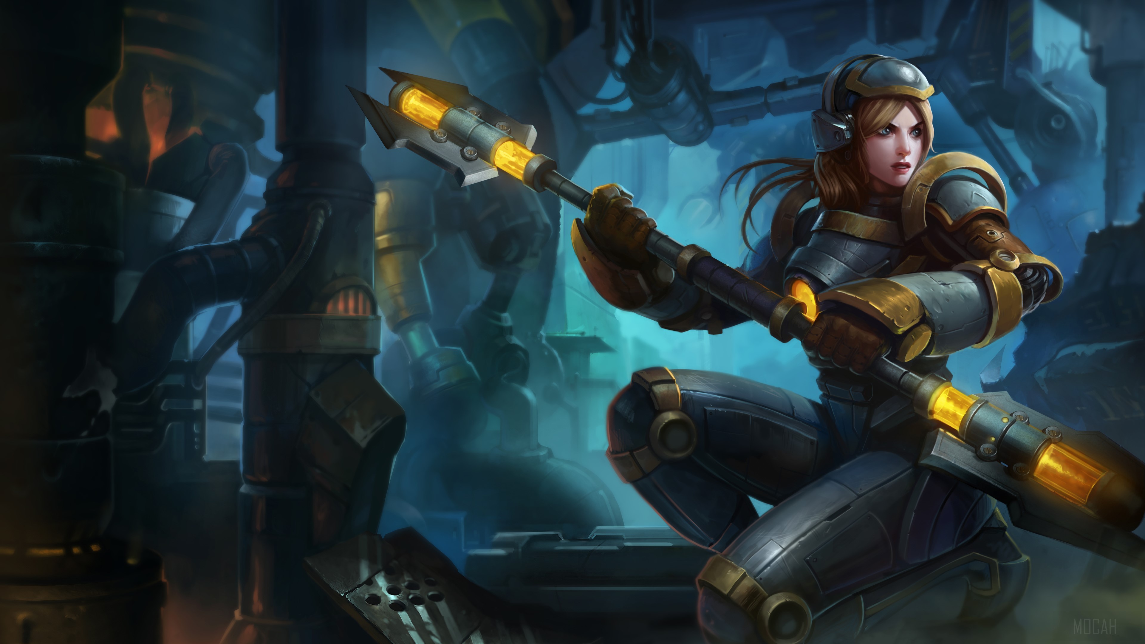 Girl in armor with weapon in industrial setting HD Wallpaper