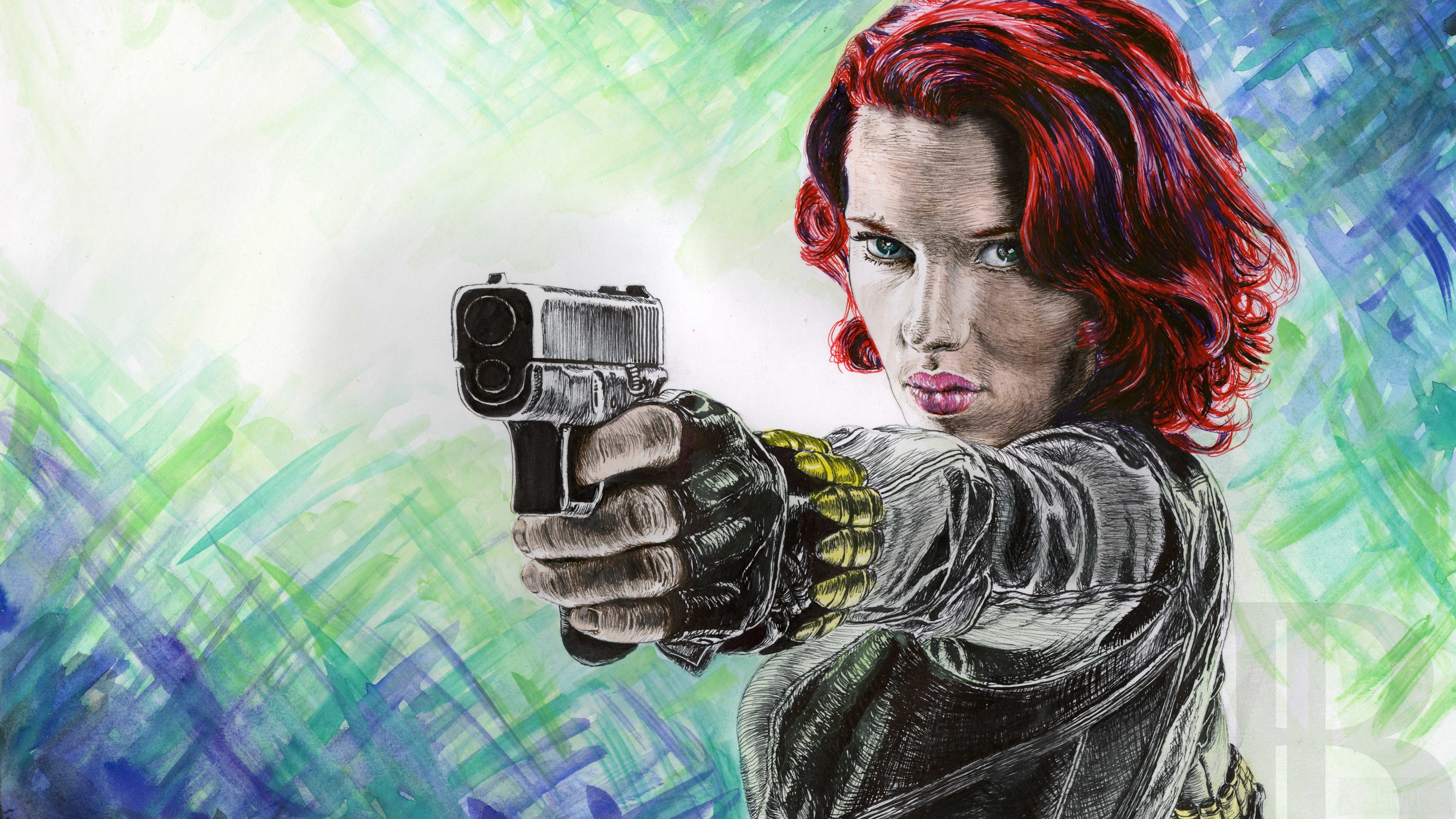 Black Widow holding a gun, 4K artwork HD Wallpaper