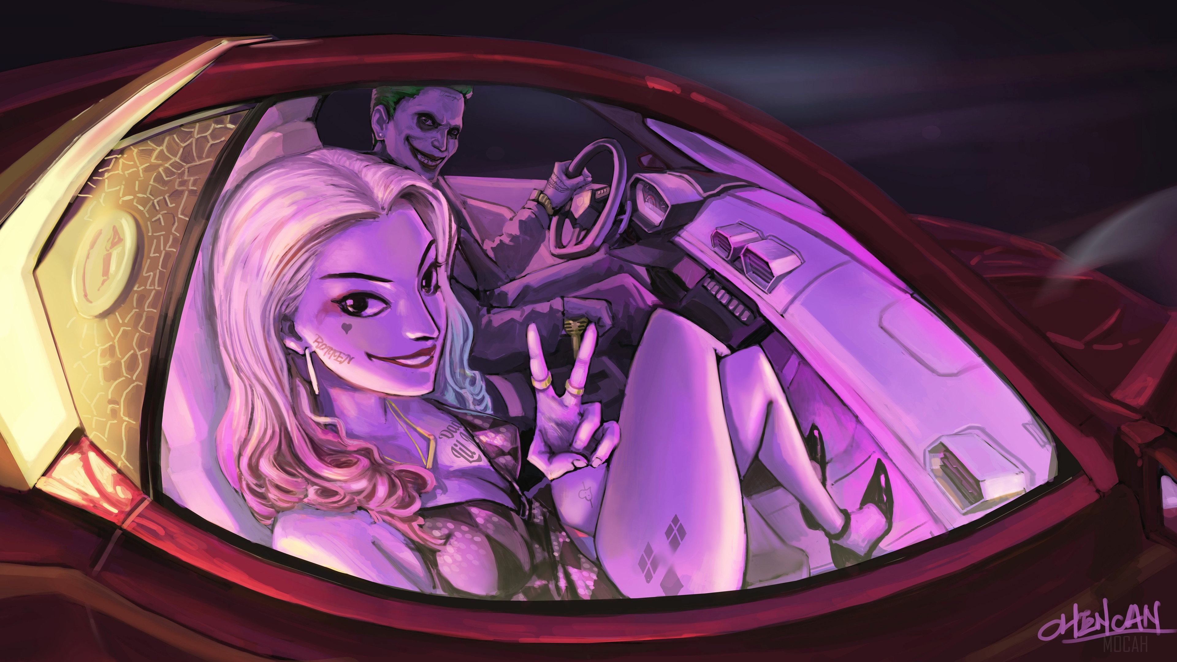 Joker and Harley Quinn in Car 4K Artwork HD Wallpaper