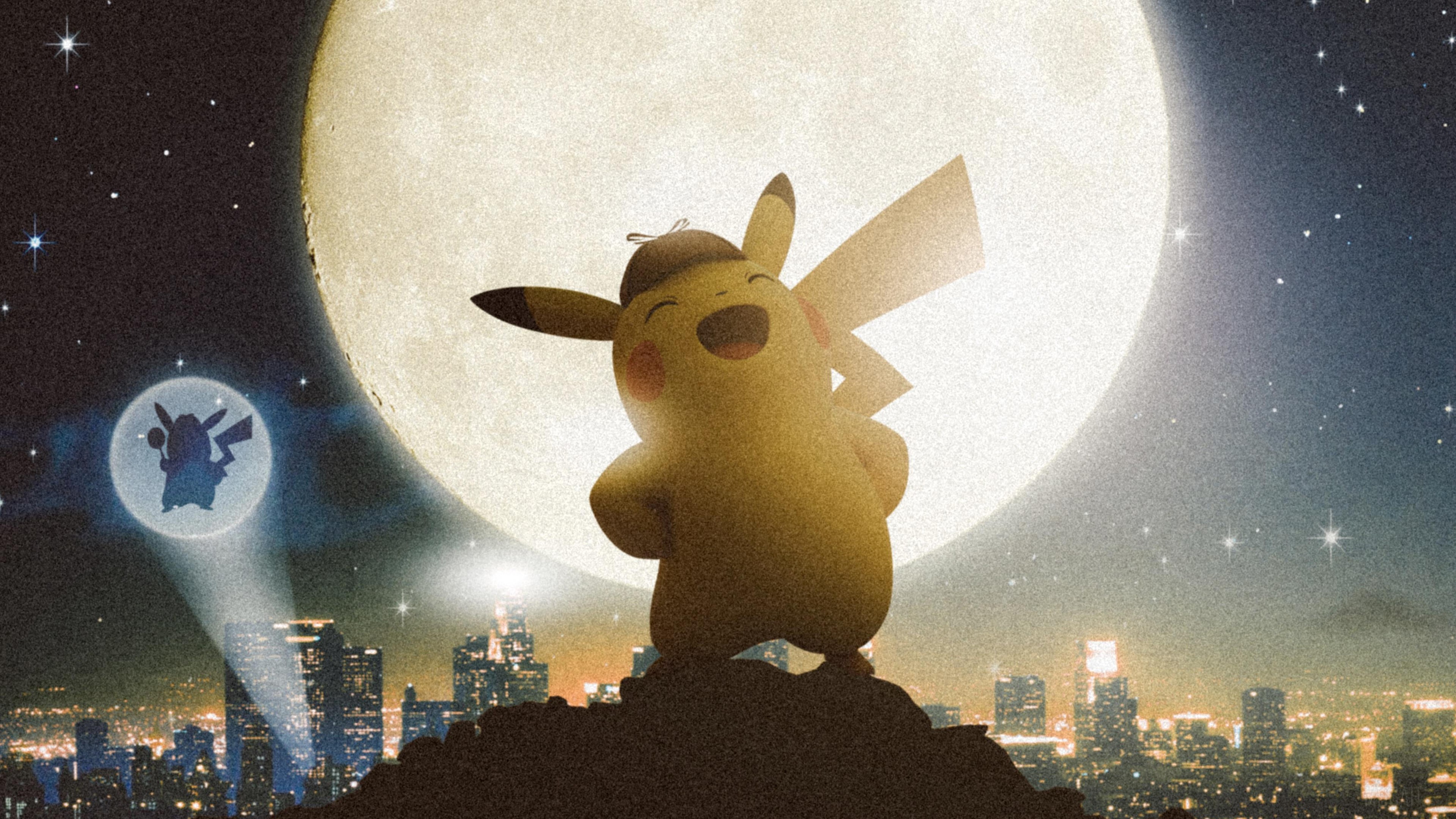 Detective Pikachu in front of a large moon HD Wallpaper