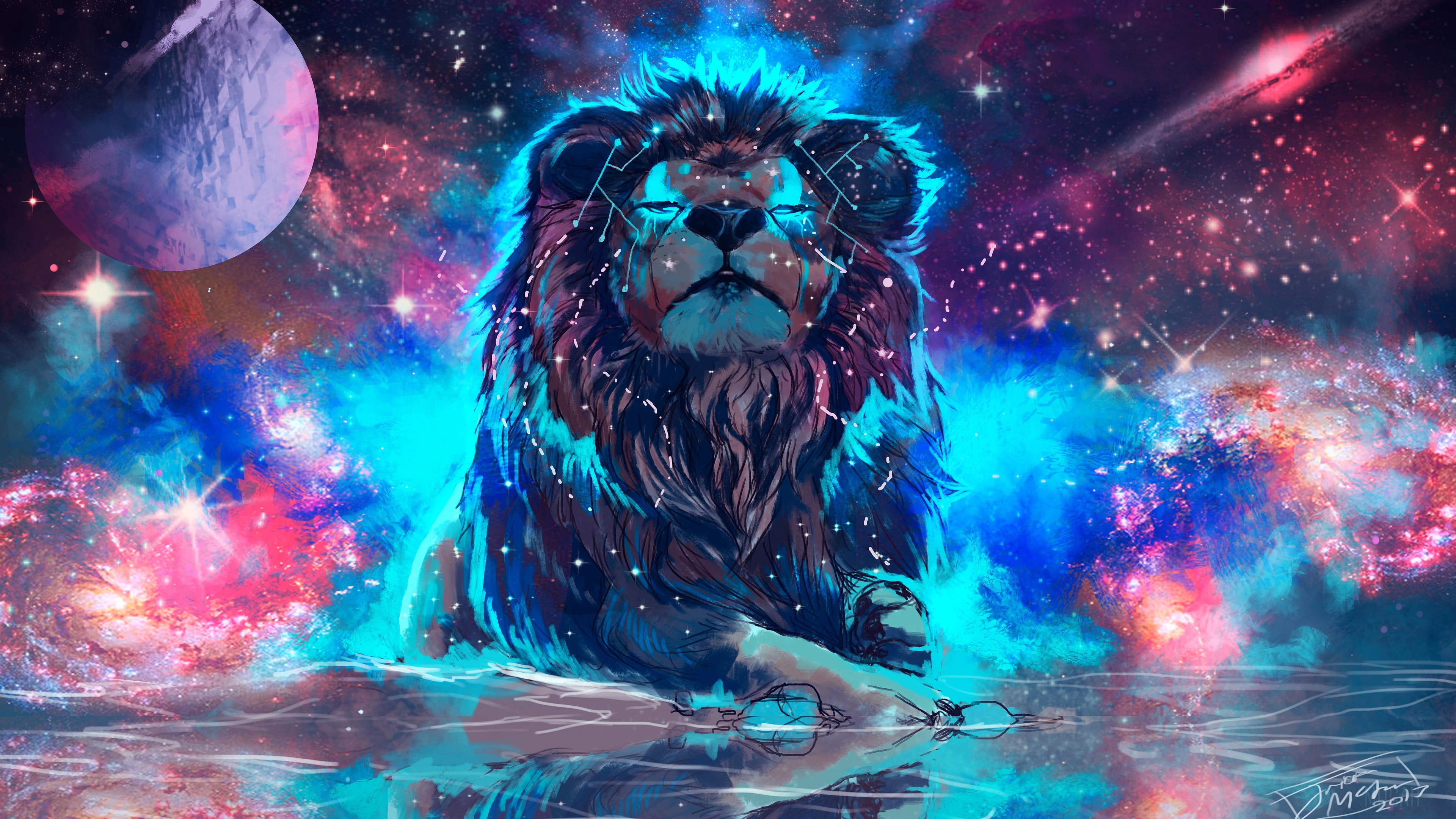 Artistic Lion in Colorful Galaxy 4K HD Wallpaper