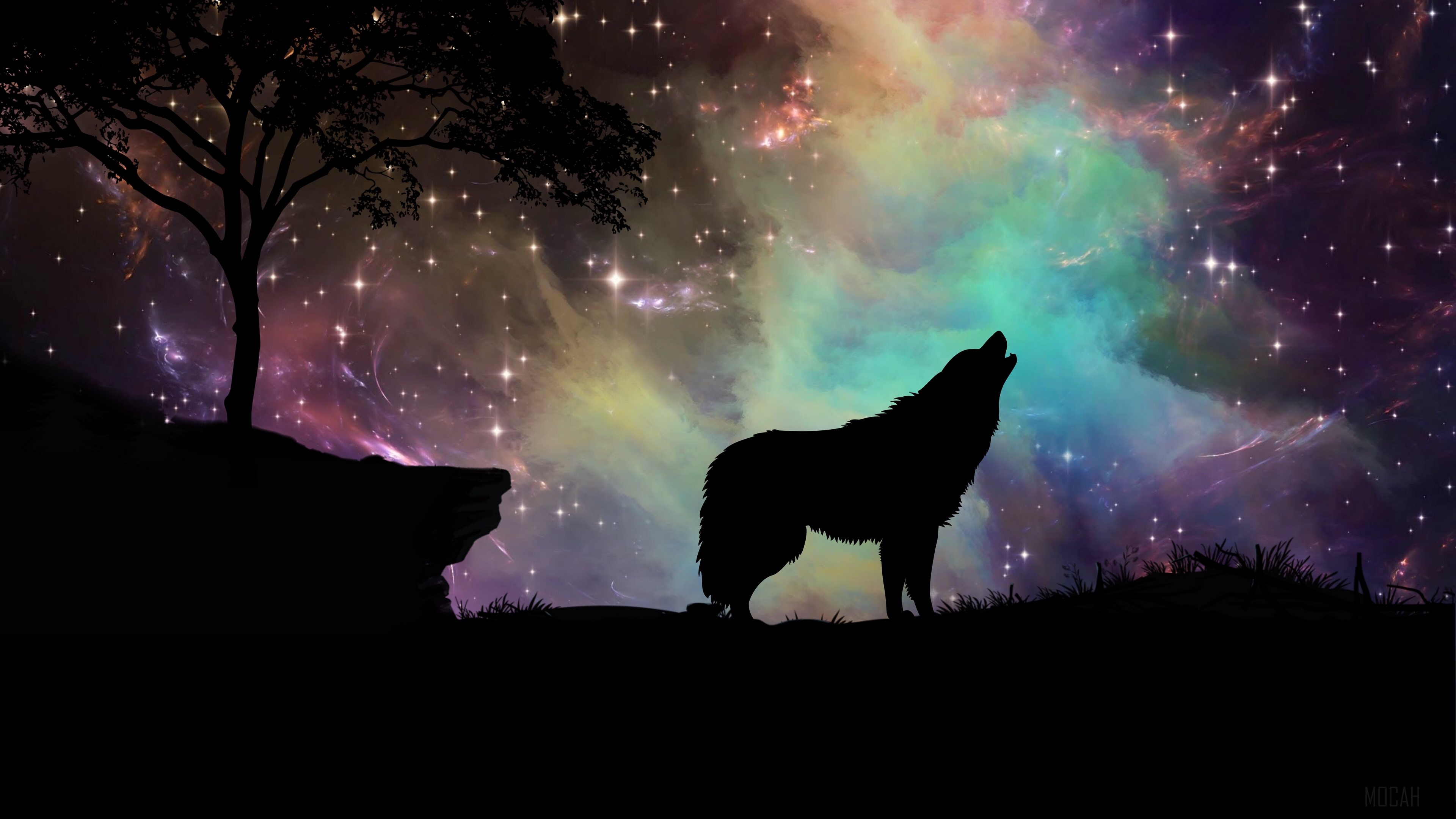 Wolf howling at a colorful starry sky 4K HD Wallpaper