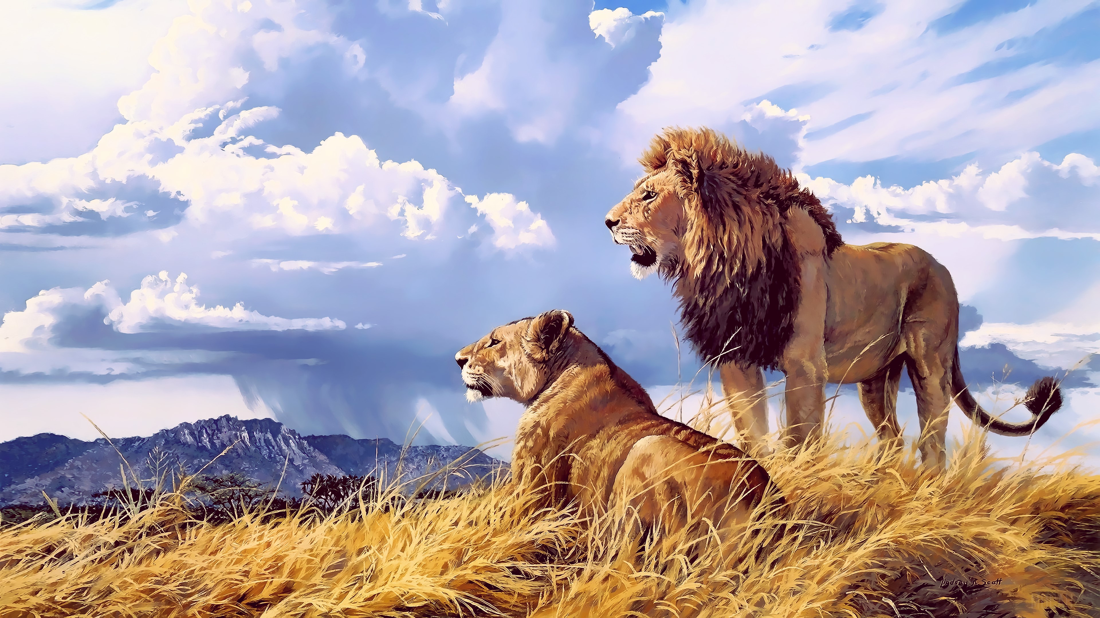 Lion and Lioness in the Savannah 4K HD Wallpaper