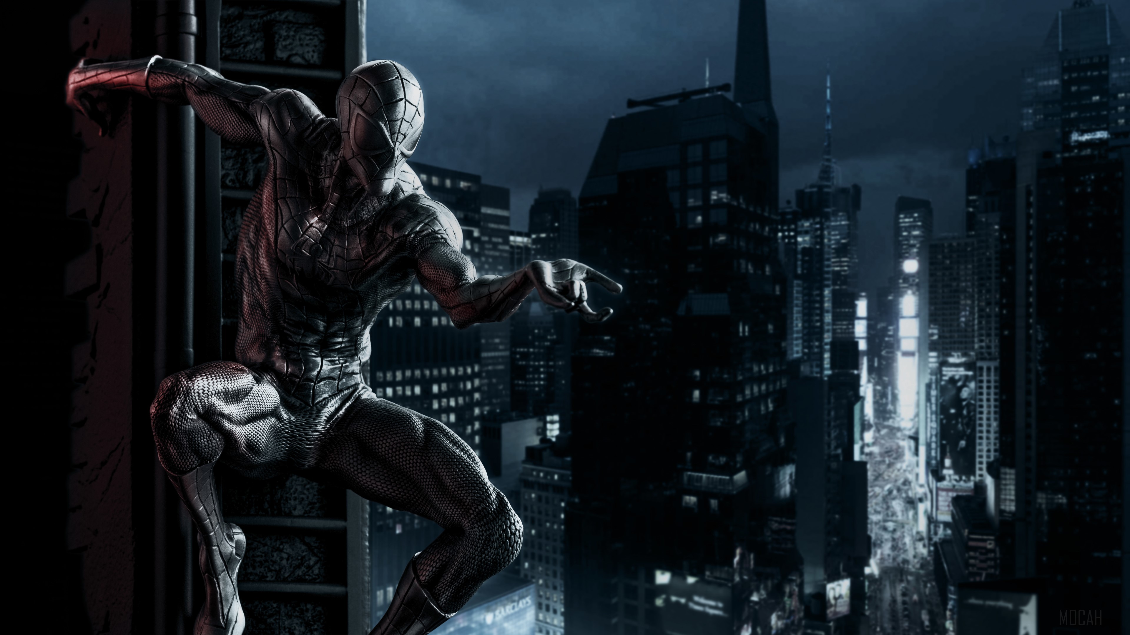 Black Spiderman on a building in New York City 4K HD Wallpaper