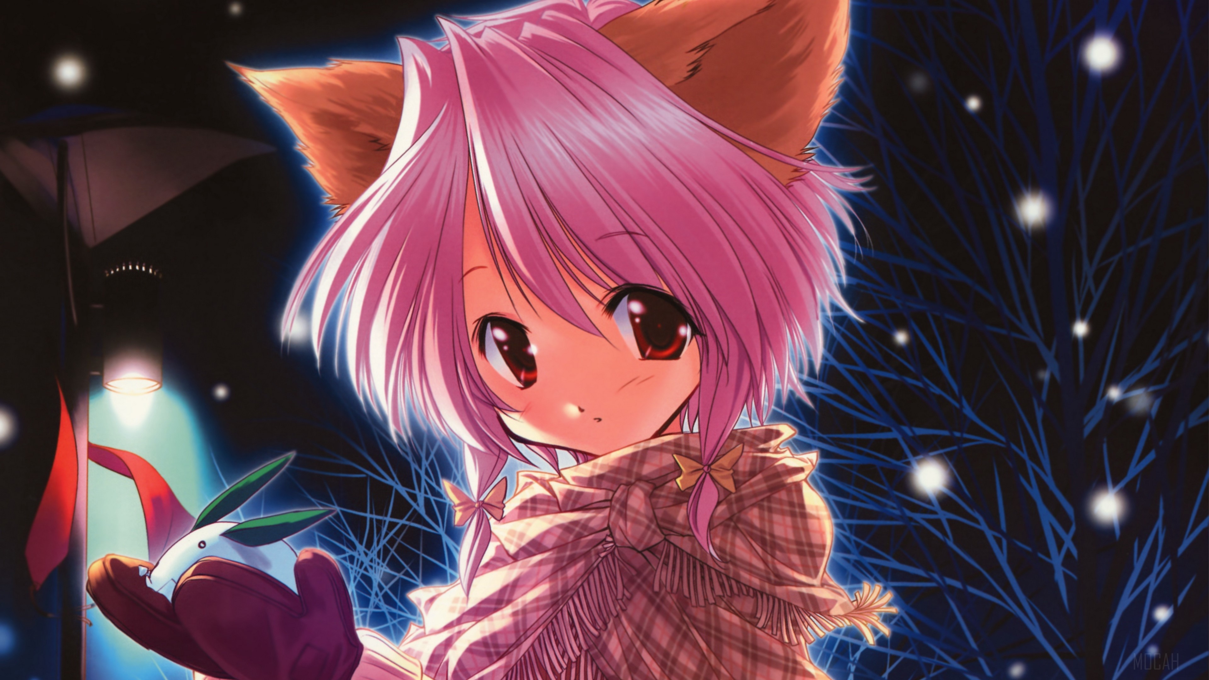 Girl with pink hair and fox ears wearing a scarf HD Wallpaper