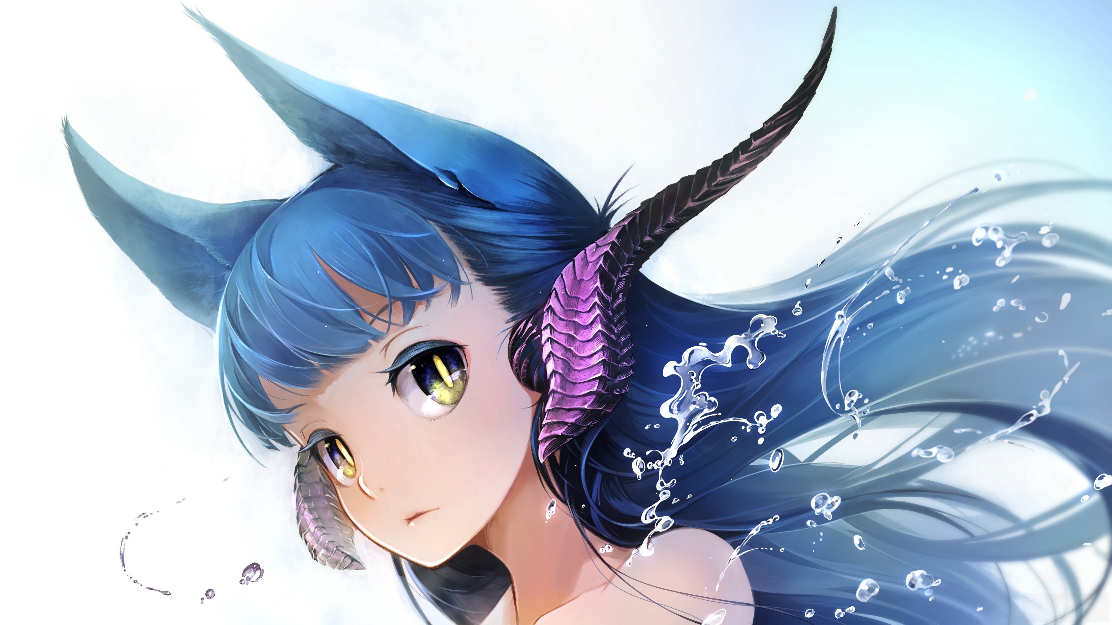 Anime girl with blue hair and horns 4K HD Wallpaper